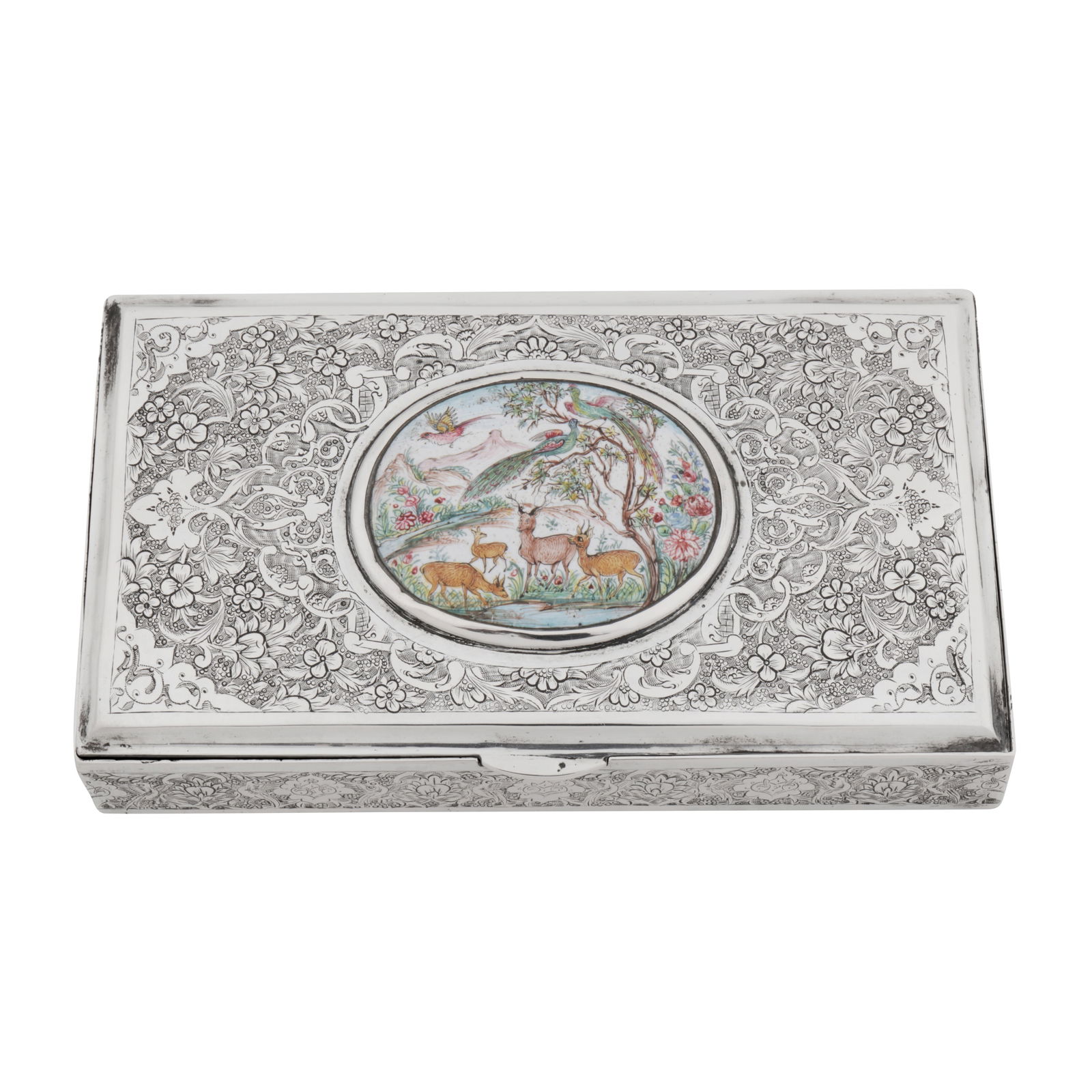 Isfahan circa 1960 A mid-20th century Persian (Iranian) silver and enamel cigarette box: Pahlavi dynasty. Rectangular form, hinged lid with painted enamel plaque of peacock and deer, engraved decoration all over. Marked underneath possibly Parvaresh. Length – 14.2 cm / 5.65 inches