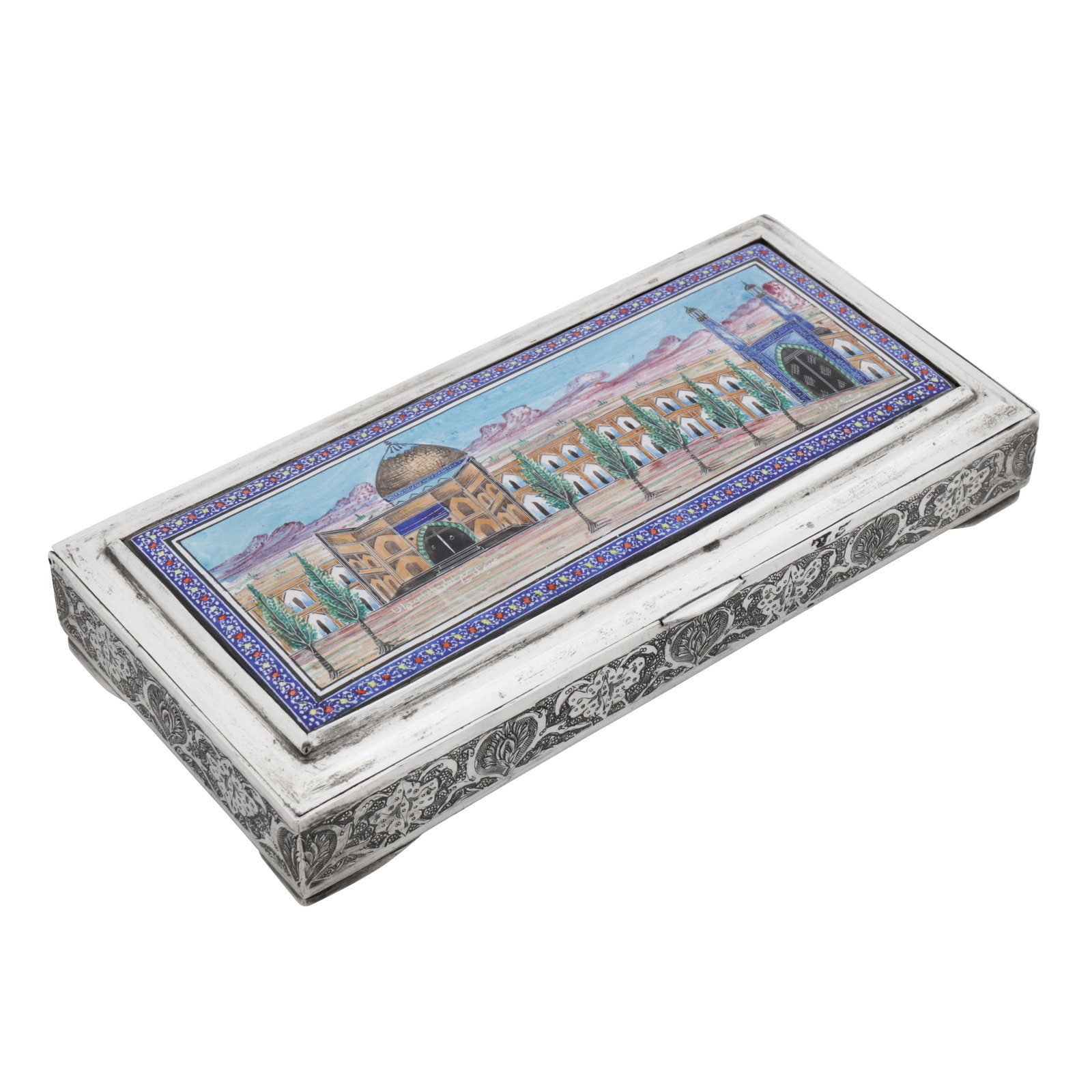 Isfahan circa 1960 A mid-20th century Persian (Iranian) silver and enamel cigarette box (1 of 1)