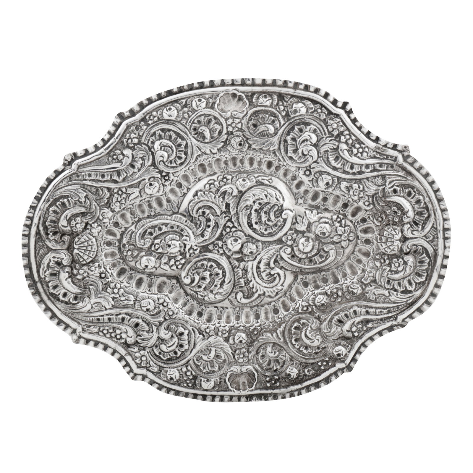 Maltese 1884 by Roberto Cannatachi Falzon (reg. 18th Nov 1863) A late 19th century 916 standard: Of shaped oval form with chased rocaille foliate scrolls and shells and rosettes, against a textured ground. Marked to the edge with Maltese cross (11 deniers), date stamp 27, maker’s mark RC over F