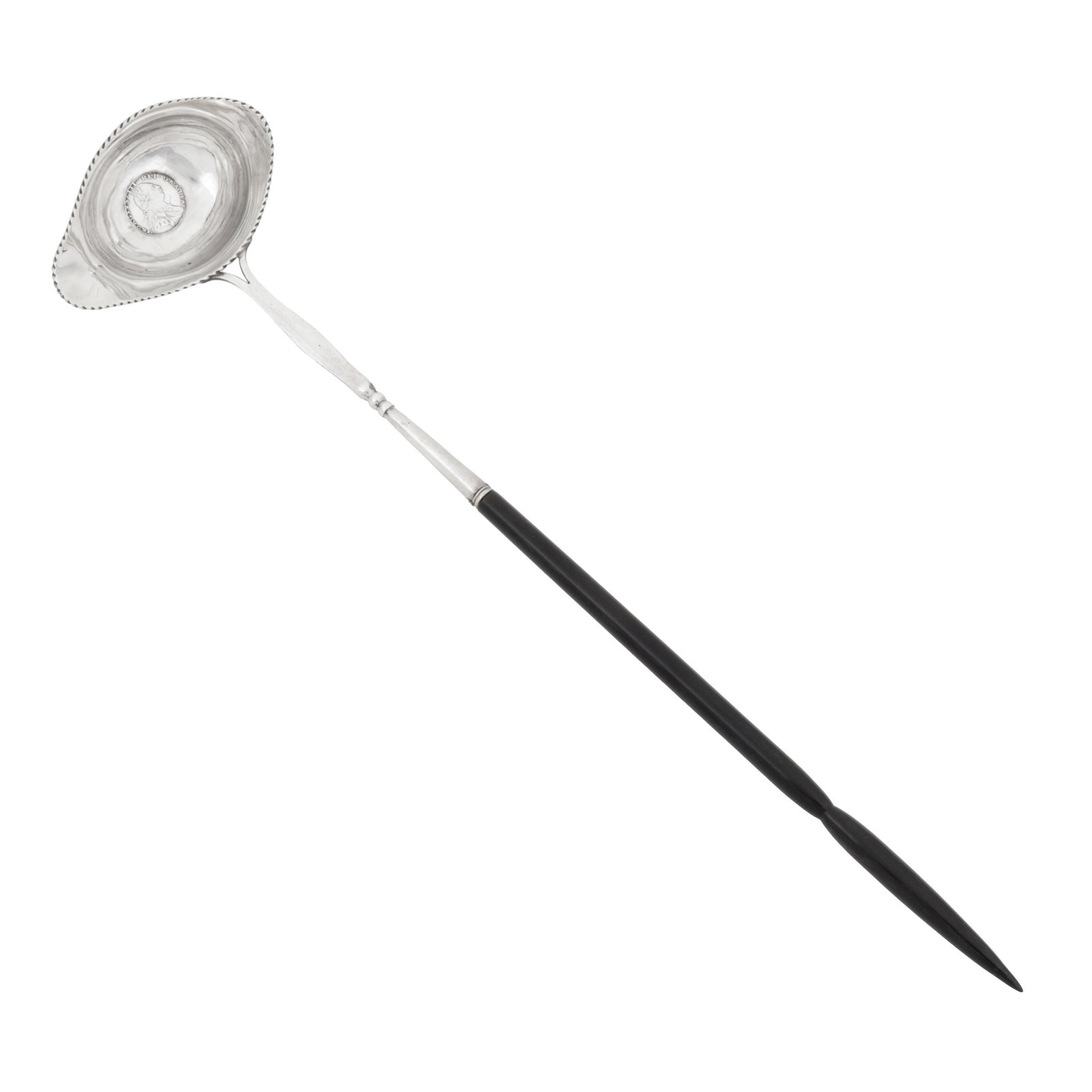 York circa 1790 by John Hampston and John Prince A George III provincial sterling silver coin set: Oval shaped bowls with gadrooned edge, a bifurcated junction to a turned ebonised handle. The bowl set with a gilt George III 1787 sixpence, the front of bowl engraved with contemporaneous initials I