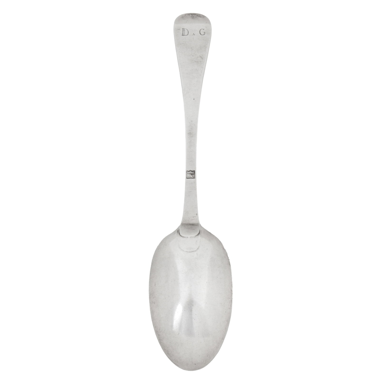 Jersey circa 1770 by LC crowned over striking Pierre Amiraux II A George III late 18th century: Hanoverian pattern, with double drop heel, the terminal engraved with initials D.G in Roman script. LC crowned overstriking PA. Length – 18.5 cm / 7.25 inches Weight – 45 grams / 1.45 ozt Notes: A