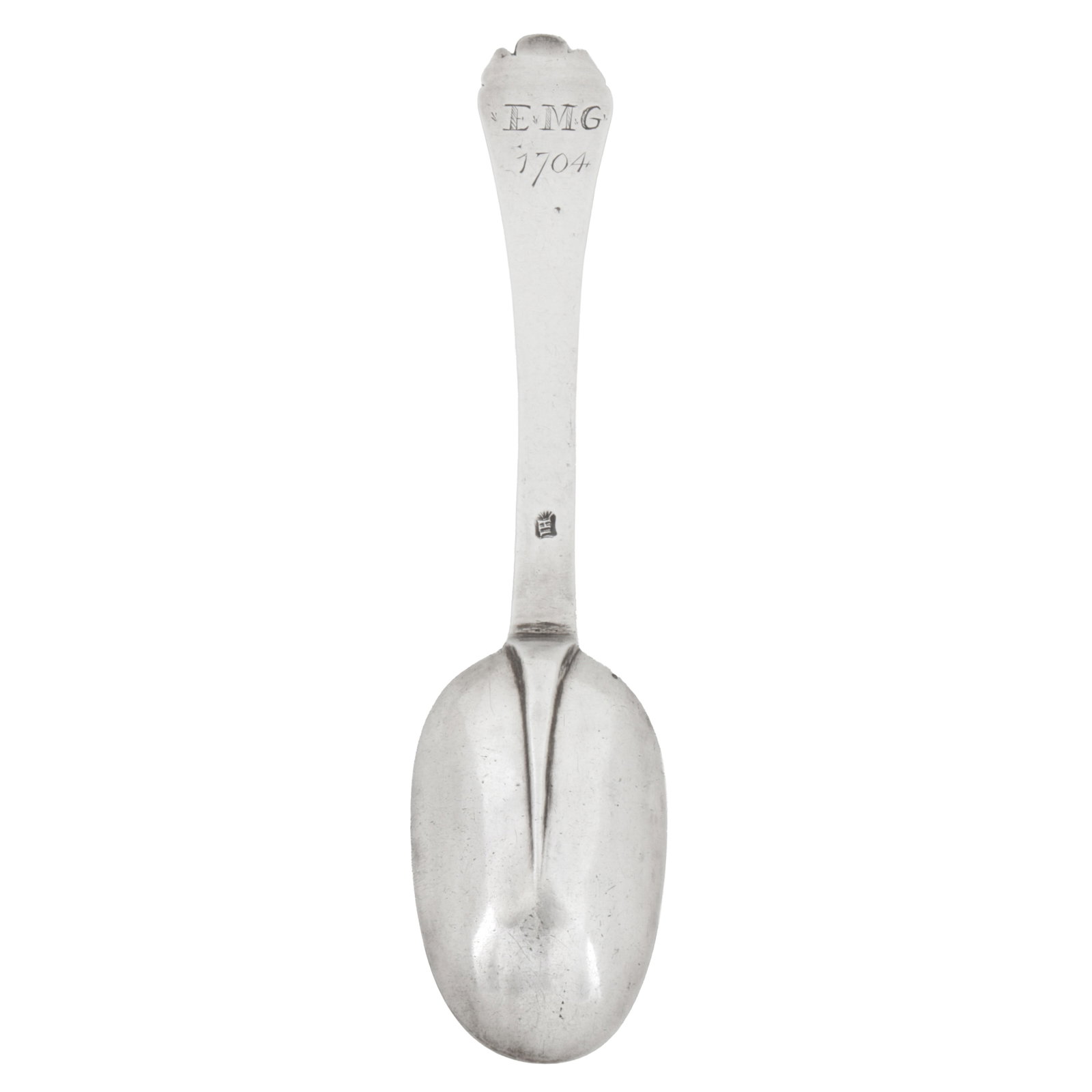 Guernsey dated 1704 by IH (unidentified) A Queen Anne early 18th century Channel Islands silver: Trefid pattern, with rat tail heel, the terminal engraved with initials *E*M*G* over 1704. Maker’s mark only only IF with sun rays to the side. Length – 18.5 cm / 7.25 inches Weight – 46 grams /