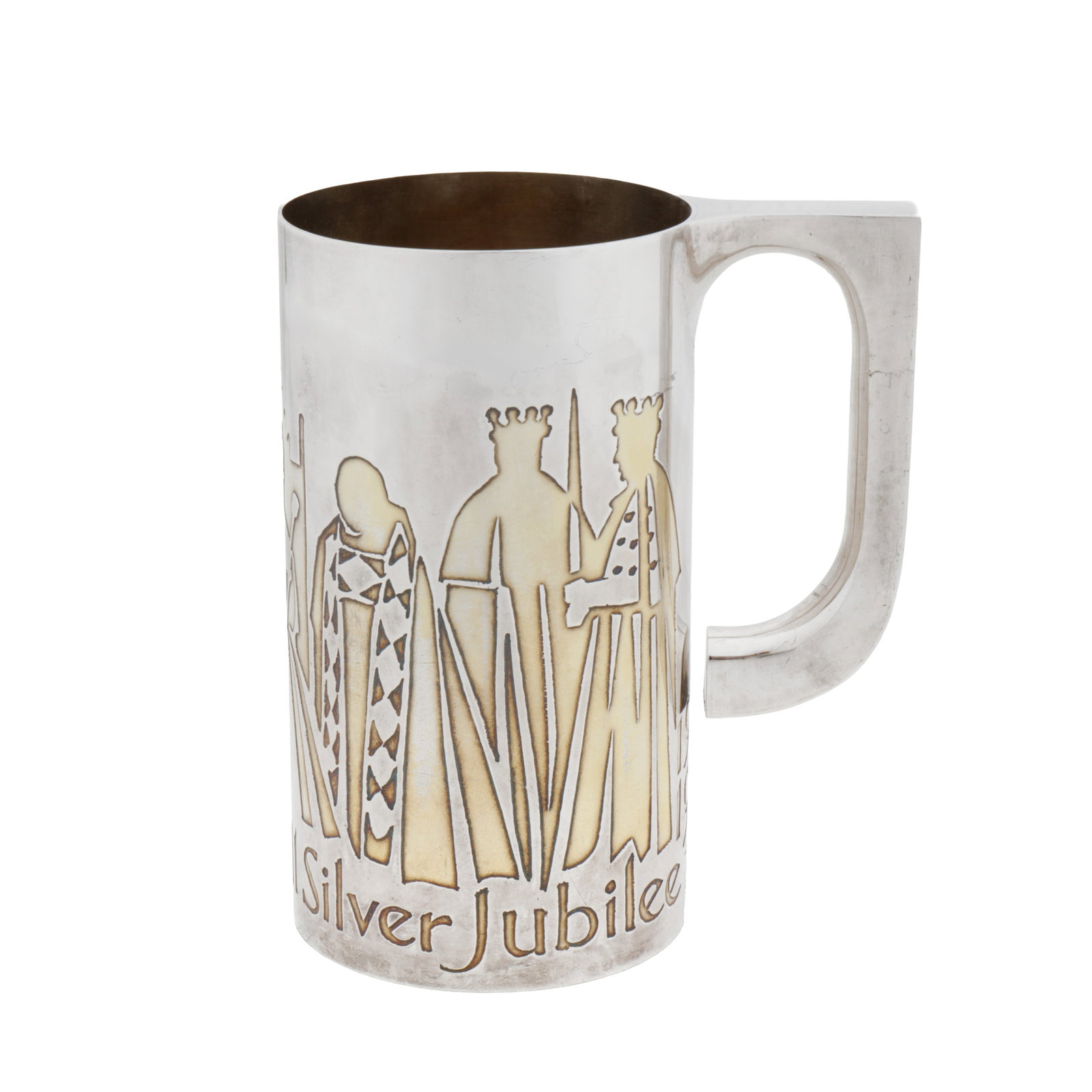 London 1977 by Garrard, designed by Alex Styles An Elizabreth II parcel gilt Britannia standard: Of cylindrical form with a D section handle. The body with acid etched and gilt silhouettes of monarchs above QUEEN ELIZABETH II SILVER JUBILEE. Gilt interior. Fully marked underneath and with facsimi