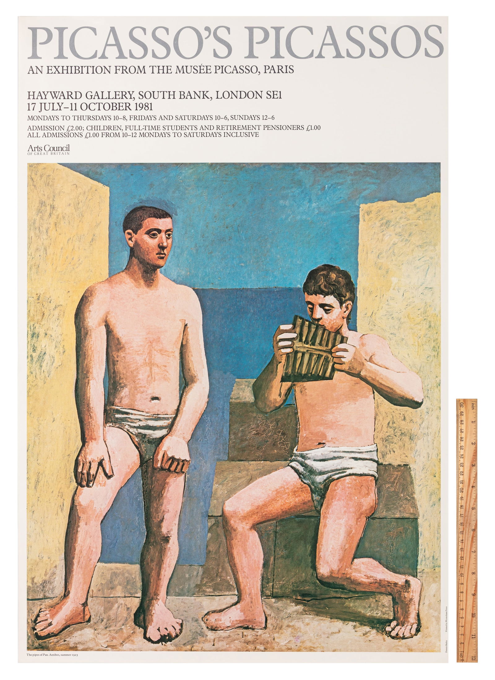 Exhibition poster Picasso at the Hayward Gallery London: Exhibition poster Picasso at the Hayward Gallery London 1981Illustrated with The Pipes of PanLithographic print (unframed)80cm x 56cm