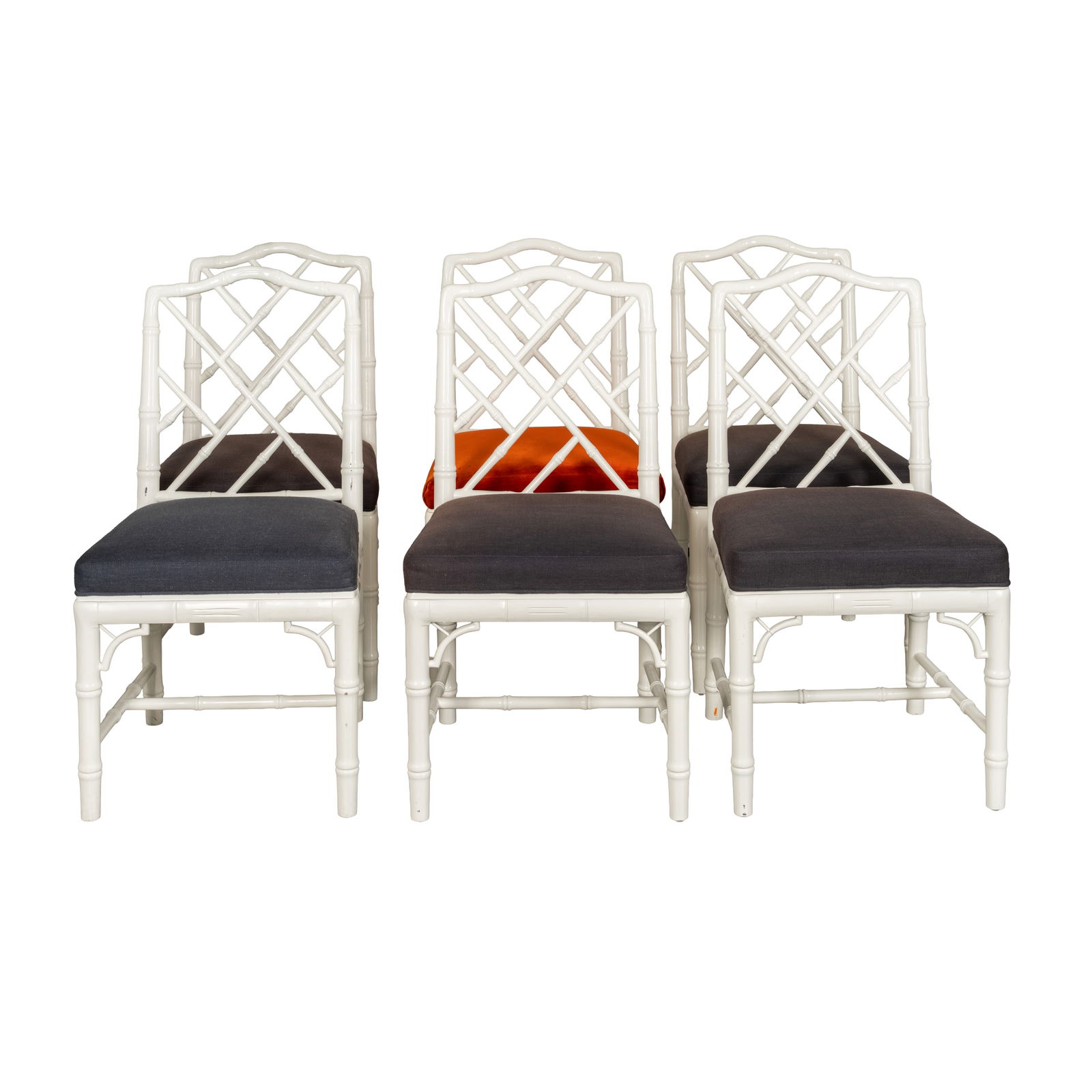 Jonathan Adler, American Set of 6 'Faux Bamboo' Dining Chairs: Jonathan Adler, American Set of 6 'Faux Bamboo' Dining Chairs Late 20th Century White painted wood, grey and orange upholstery Applied Jonathan Adler plaque to underside 90cm high x 44cm wide x 44cm