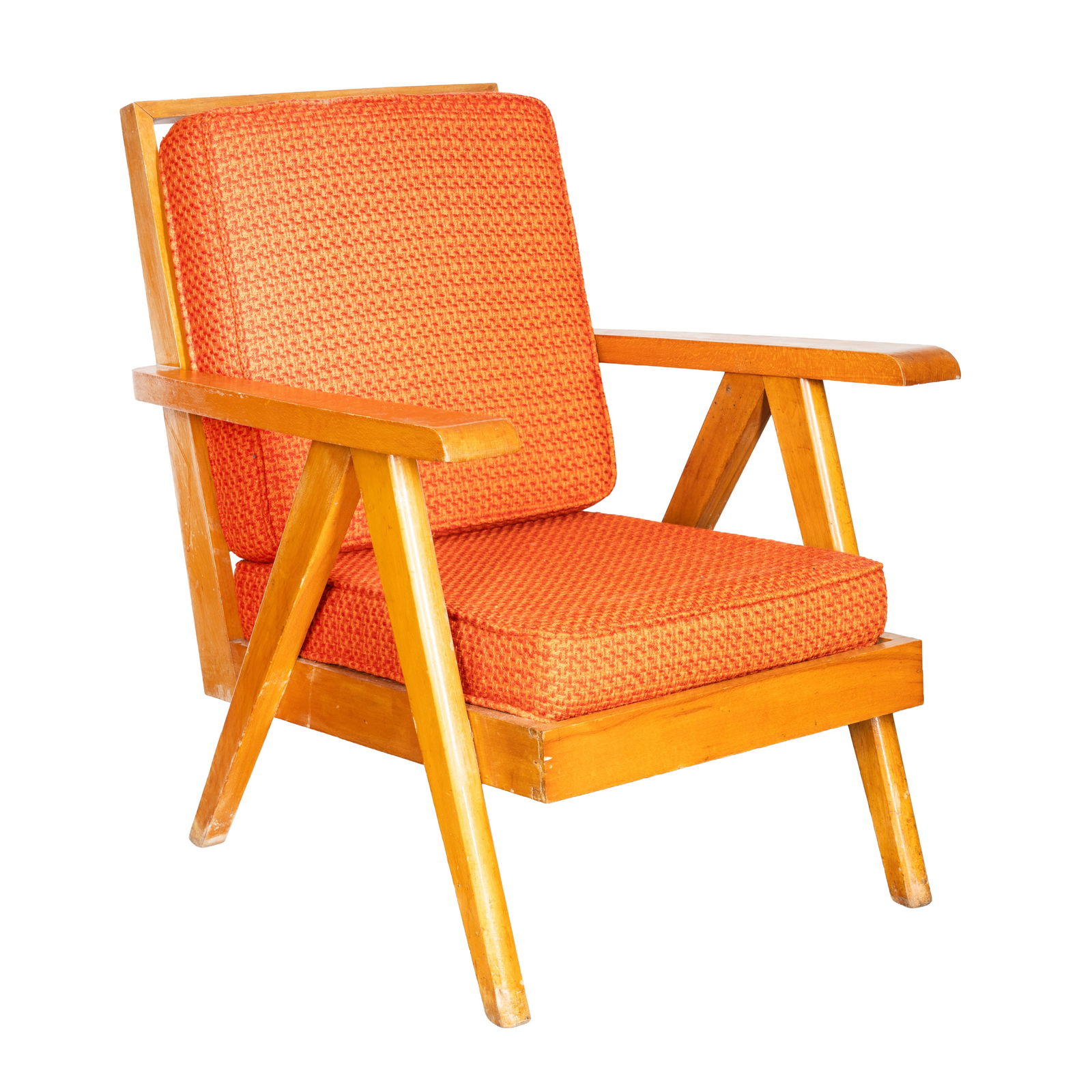 Mid-Century, Scandinavian Armchair: Mid-Century, Scandinavian Armchair Beech, orange upholstery Unmarked 82cm high x 68cm wide x 67cm deep 
