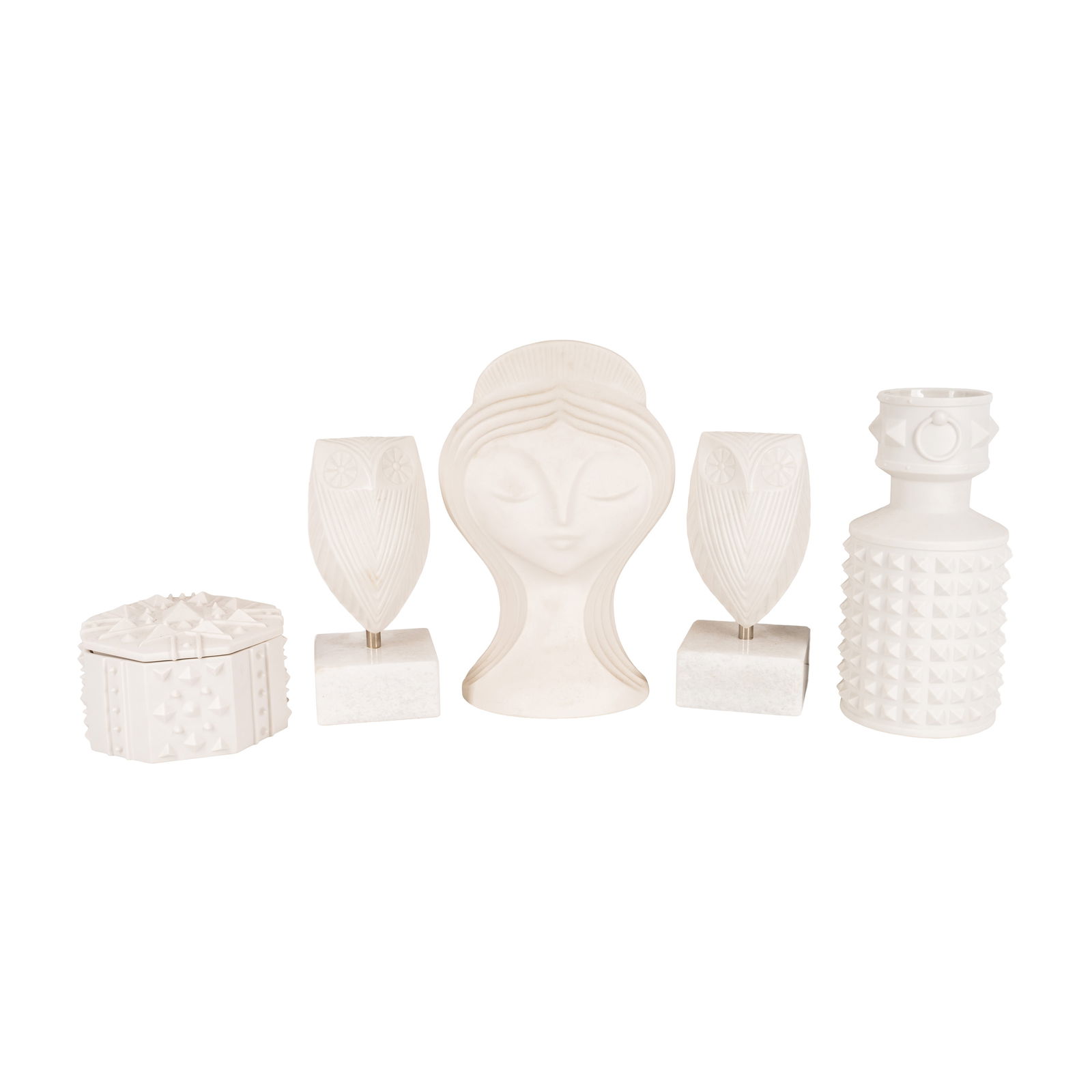 Jonathan Adler, American Group of Ceramics: Jonathan Adler, American Group of Ceramics To include a 'Charade' studded vase, a 'Charade' studded box, a bust, and a pair of owl bookends. ContemporaryStoneware Each with moulded marks to underside