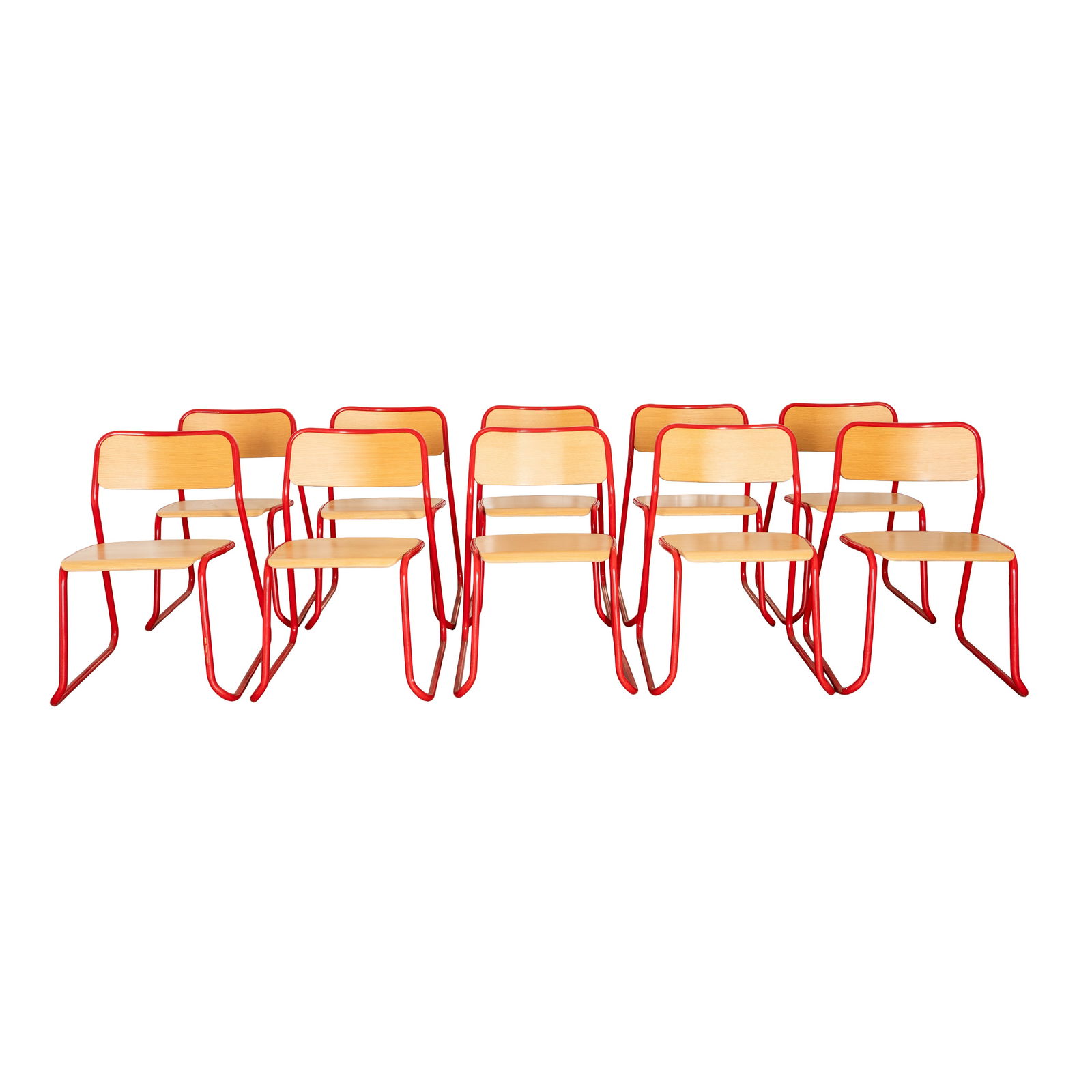 NaughtOne, Britain Set of 10 'Bounce' Chairs: NaughtOne, Britain Set of 10 'Bounce' Chairs 20th Century Red enamel, beech plywood Applied 'Naughtone' label to underside 75cm high x 55cm wide x 55cm deep