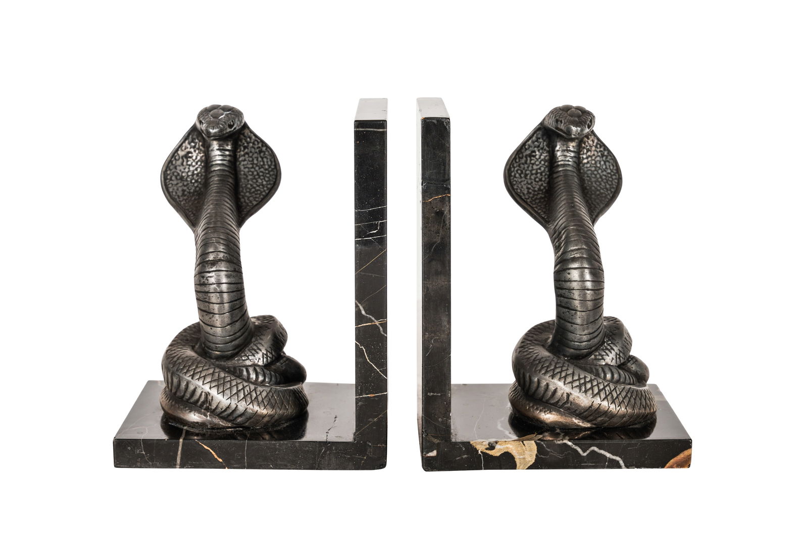 In the Manner of Irénée Rochard (French, 1906-1984) Pair of Art Deco style 'King Cobra' bo: In the Manner of Irénée Rochard (French, 1906-1984) Pair of Art Deco style 'King Cobra' bookends Spelter, portoro nero marbleUnsigned18cm high