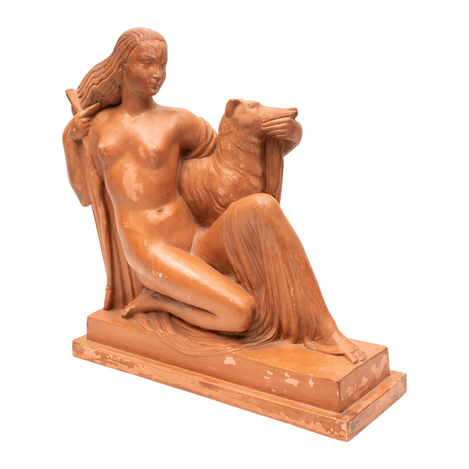 R. Andrei, cast by Marcel Guillard (French) Model of an Art Deco female with borzoi dog: R. Andrei, cast by Marcel Guillard (French) Model of an Art Deco female with borzoi dog Circa 1925Unglazed earthenwareUnderside with impressed stamps for 'MARCEL GUILLARD' / EDITIONS ETLING PARIS' /