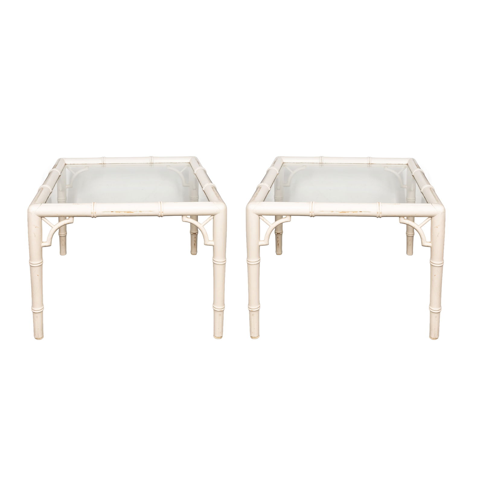 Hollywood Regency Style, Britain Pair of Palm Beach Style Side Tables: Hollywood Regency Style, Britain Pair of Palm Beach Style Side Tables Retailed by HarrodsCirca 1980s White painted wood, glass40cm high x 57cm wide x 75cm wide
