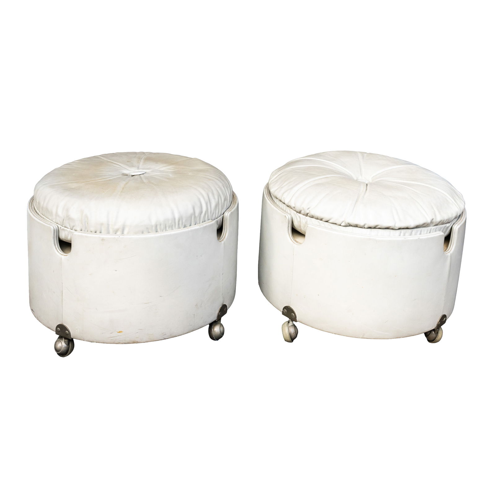 Luigi Massoni (Italian b.1930) for Poltrona Frau Pair of Leather Pouffes: Luigi Massoni (Italian b.1930) for Poltrona Frau Pair of Leather Pouffes Circa 1968 Leather, painted teak 31cm high x 53cm wide x 53cm deep Preview: By Appointment 