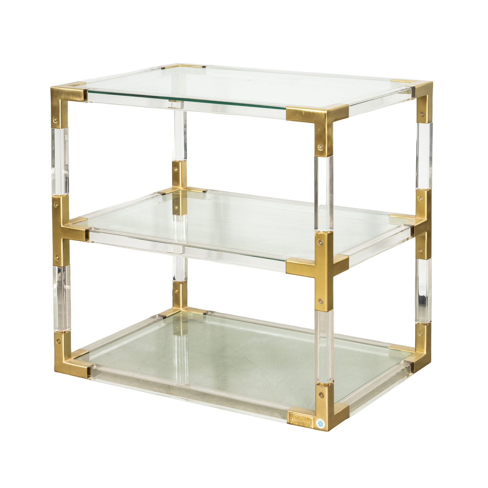 Jonathan Adler, American 'Jacques' Two Tier Side Table: Jonathan Adler, American 'Jacques' Two Tier Side Table Contemporary Perspex, brass, glass Applied Jonathan Adler plaque to underside 66cm high x 71cm wide x 51cm deep