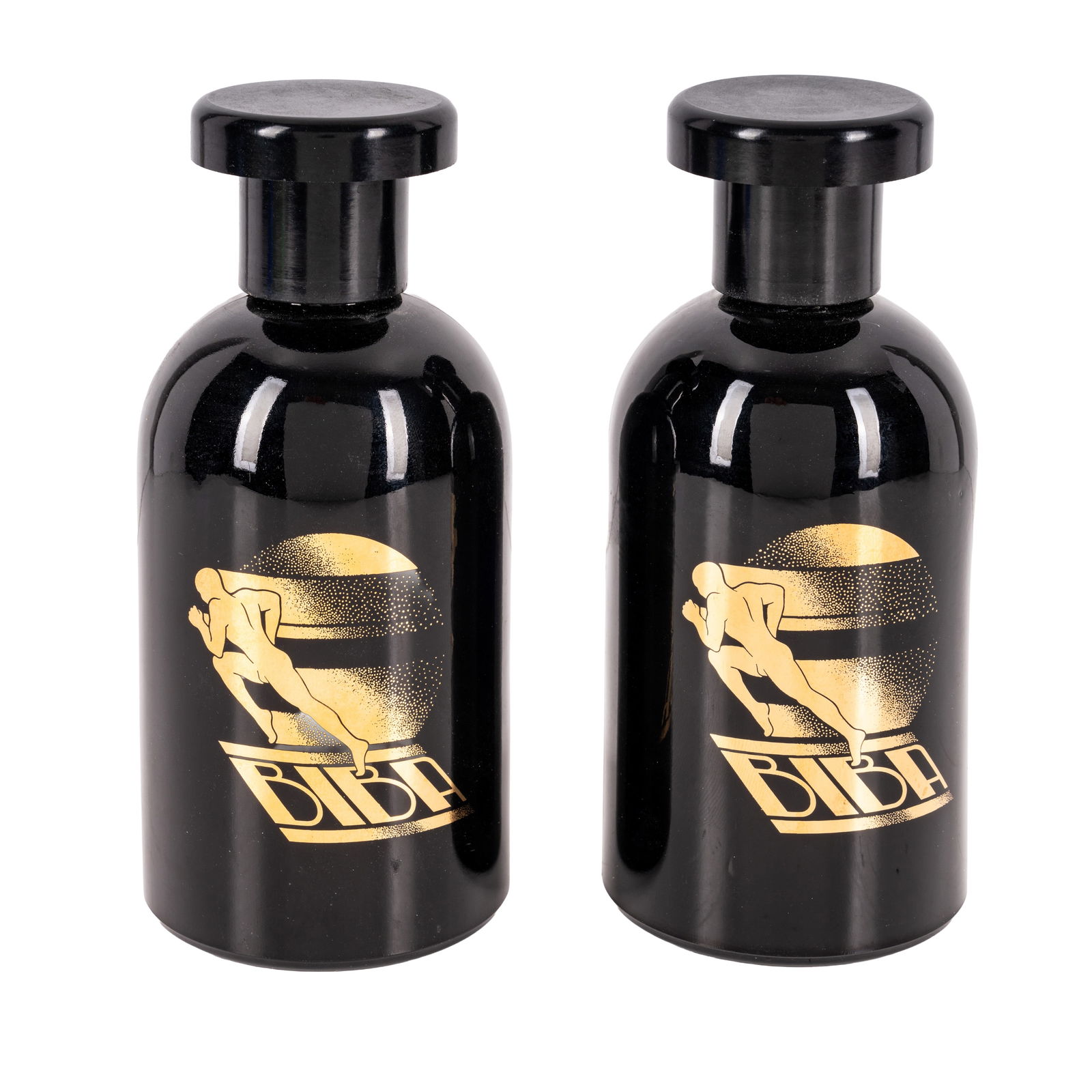 Biba, London Two Apothecary Style Shampoo Bottles: Biba, London Two Apothecary Style Shampoo Bottles Early 1970s Glass Gilt printed 'Biba' logo to front 16cm high
