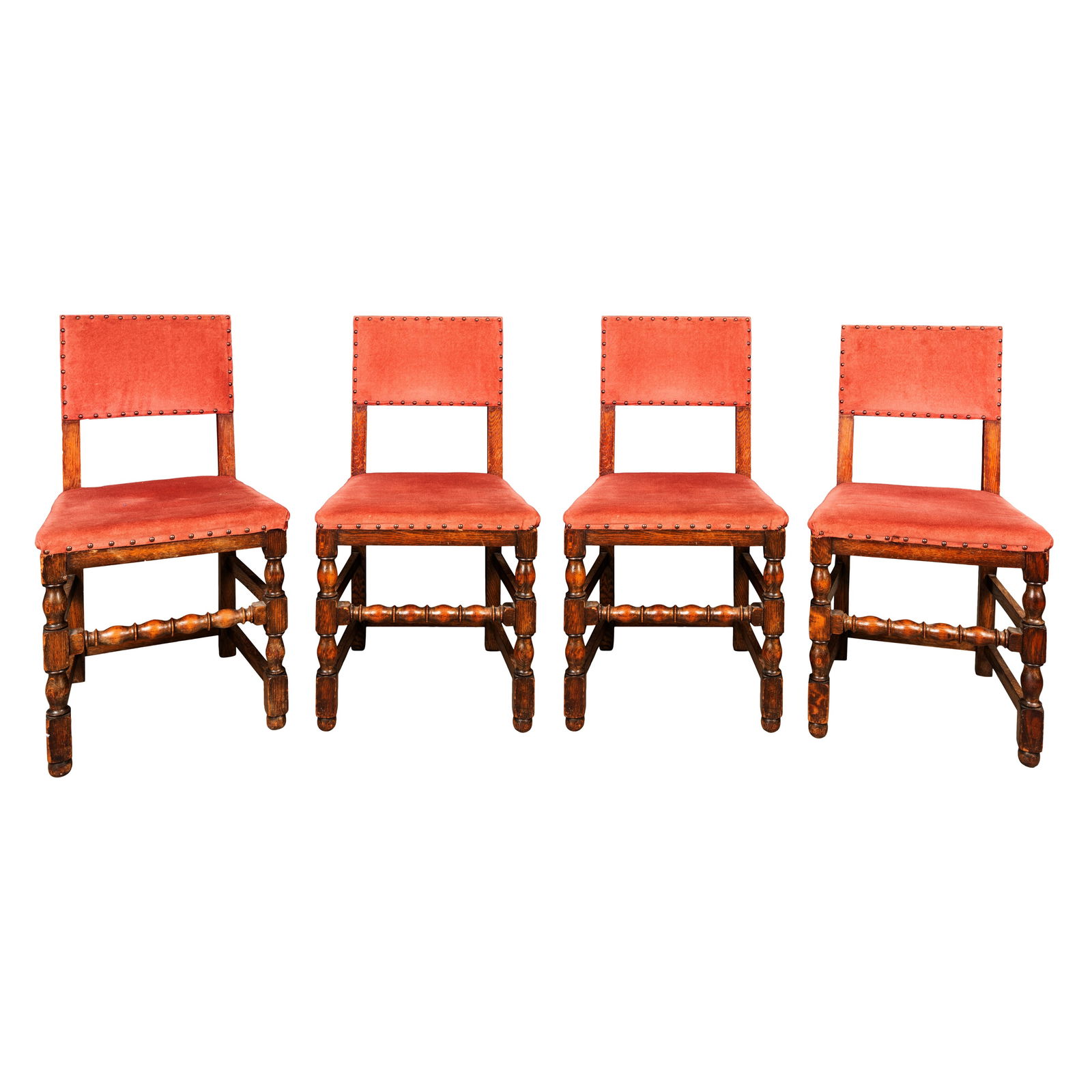 H. Pander & Zonen, The Hague, Netherlands Four Art Deco dining chairs: H. Pander & Zonen, The Hague, Netherlands Four Art Deco dining chairs Circa 1920sUpholstery, oakApplied Pander and Zonen plaque to underside90cm high x 49cm wide x 44cm deep