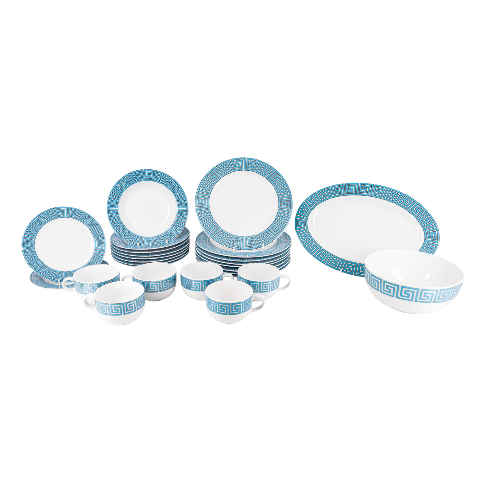 Jonathan Adler, American Blue 'Greek Key' Part-Service: Jonathan Adler, American Blue 'Greek Key' Part-Service ContemporaryPorcelainPrinted marks to undersidesTo comprise: 8 dinner plates8 bowls 2 side plates6 teacups 1 serving bowl1 ov