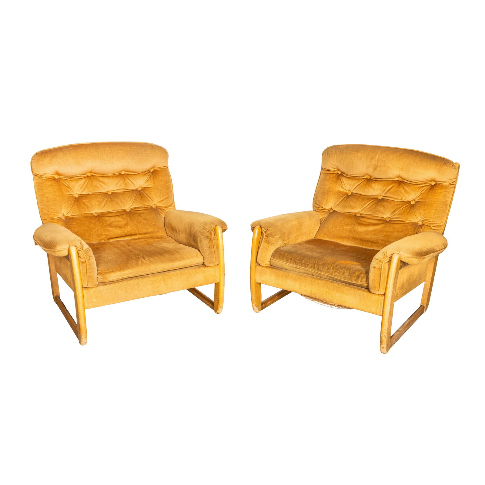 Mid-Century, Scandinavian Pair of Armchairs: Mid-Century, Scandinavian Pair of Armchairs Beech, mustard corduroy upholstery Unmarked 77cm high x 90cm wide x 88cm deep