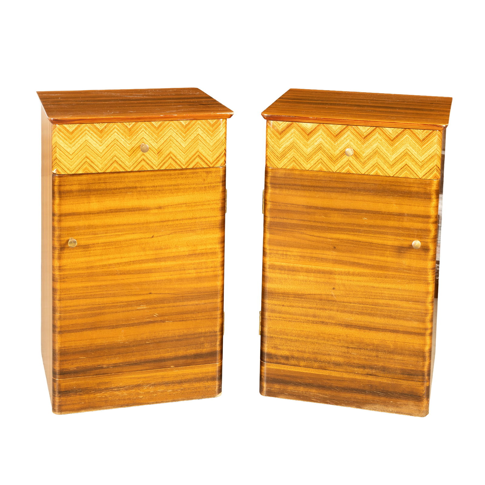 Peter Hayward for Uniflex, Britain Pair of bedside tables: Peter Hayward for Uniflex, Britain Pair of bedside tables Circa 1960sTola wood veneer, herringbone marquetry inlay61cm high x 34cm wide x 37cm deep