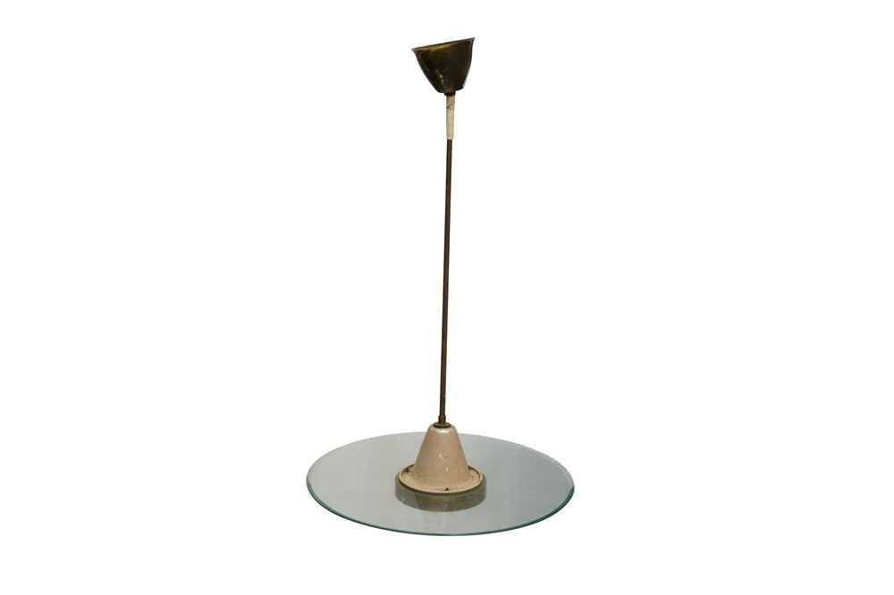 Attributed to Max Ingrand for Fontana Arte, Italy Pendant light: Attributed to Max Ingrand for Fontana Arte, Italy Pendant light Circa 1950sBrass, lacquered metal, green tinted glass