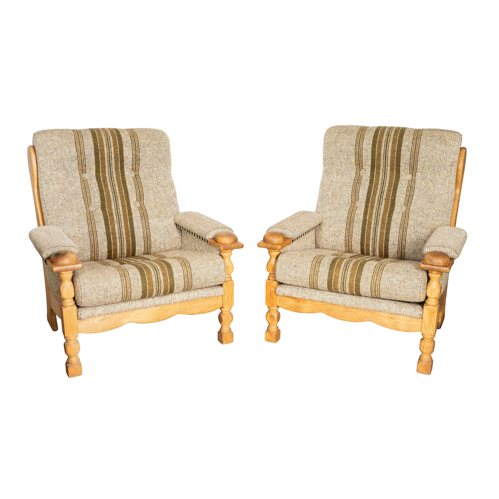 Attributed to Henning Kjærnulf (Danish, 20th Century) Pair of Easy Chairs: Attributed to Henning Kjærnulf (Danish, 20th Century) Pair of Easy Chairs Mid-Century Oak, upholstery Unmarked 90cm high x 83cm wide x 72cm deep