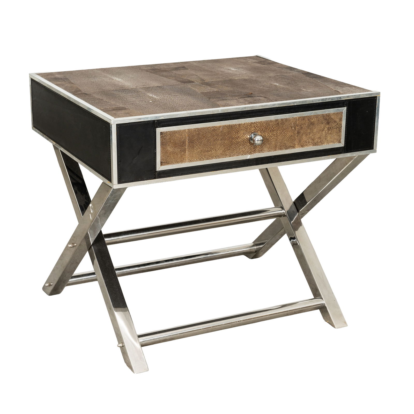 Andrew Martin, Britain Bedside Table: Andrew Martin, Britain Bedside Table Shagreen, chrome, leather 62.5cm high x 71cm wide x 60cm deep Dimensions:61.5cm x 70.5cm x 60.5cm