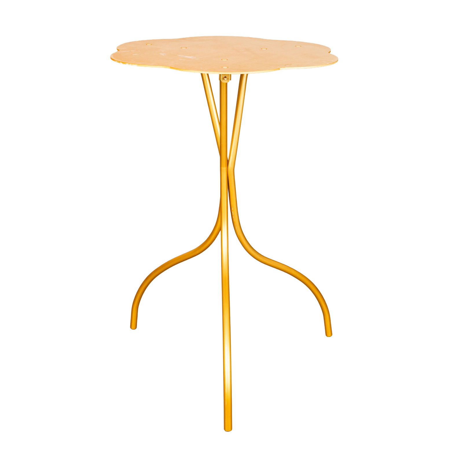 Emaf Progetti for Zanotta 'cipango' side table: Emaf Progetti for Zanotta 'cipango' side table Circa 1980s Gold powder coated metal Applied 'Zanotta' plaque' 71cm high x 50cm wide x 50 cm deep