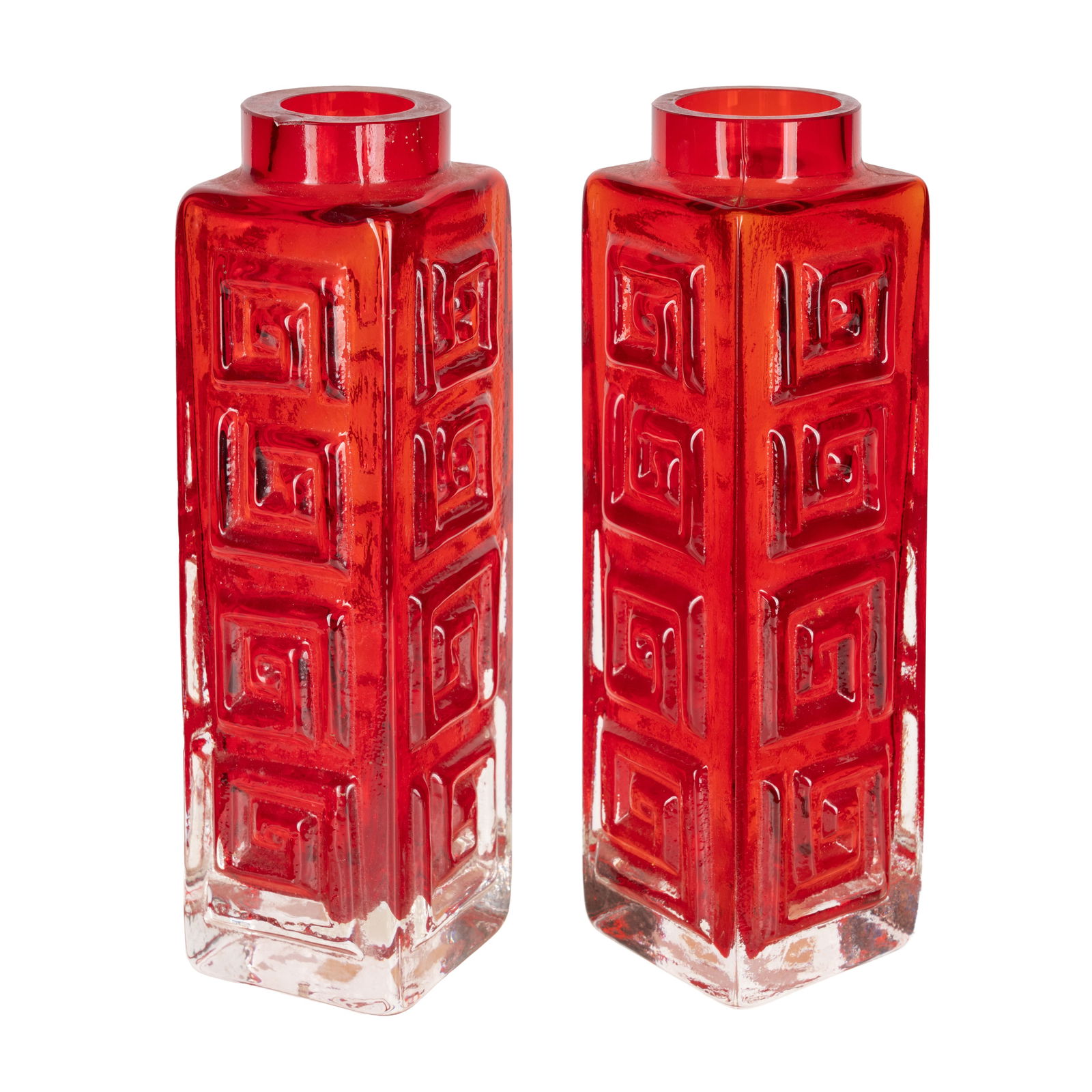 Geoffrey Baxter (British 1922-1983) for Whitefriars Pair of Greek Key Vases, Model no 9810, in Ruby (1 of 2)