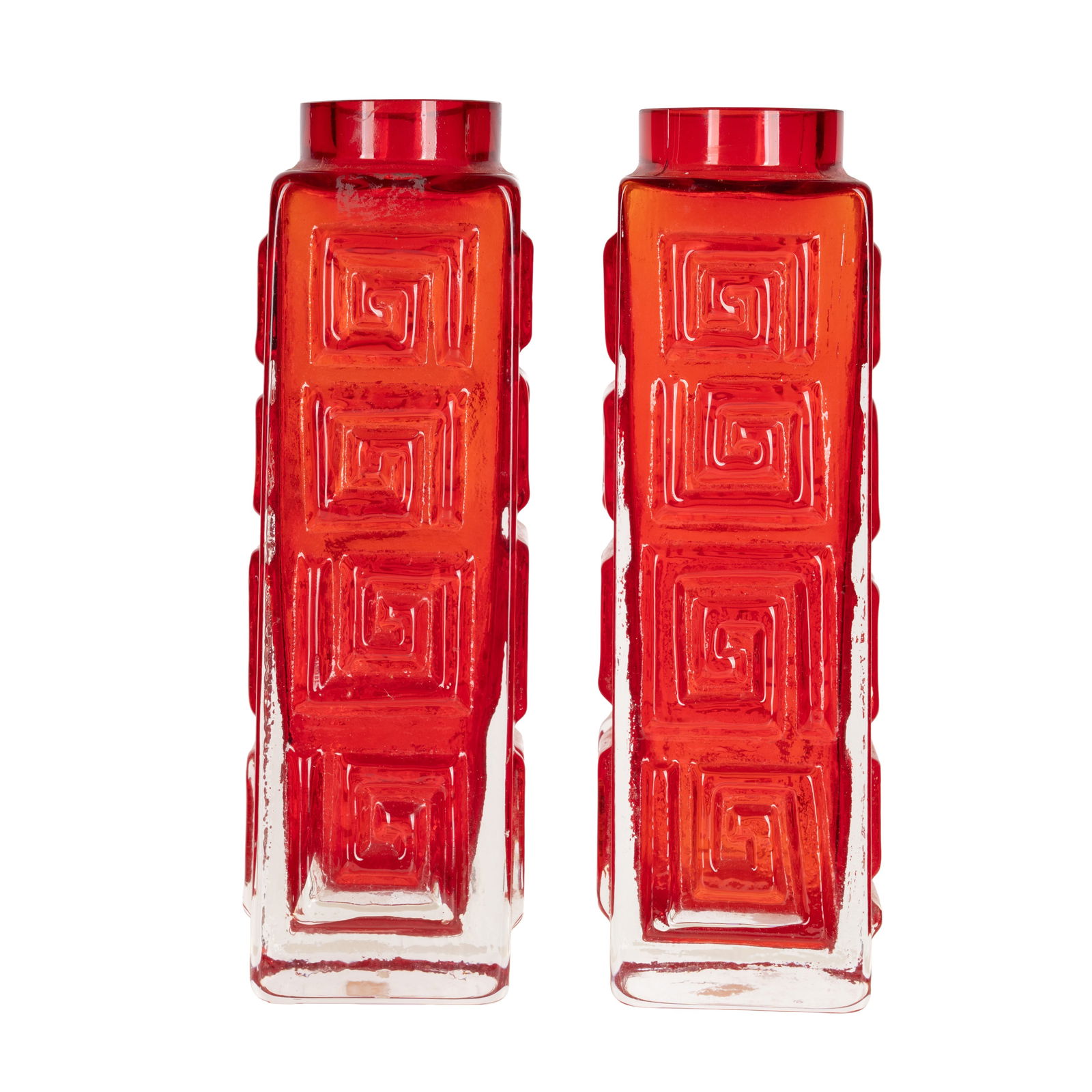 Geoffrey Baxter (British 1922-1983) for Whitefriars Pair of Greek Key Vases, Model no 9810, in Ruby - 2