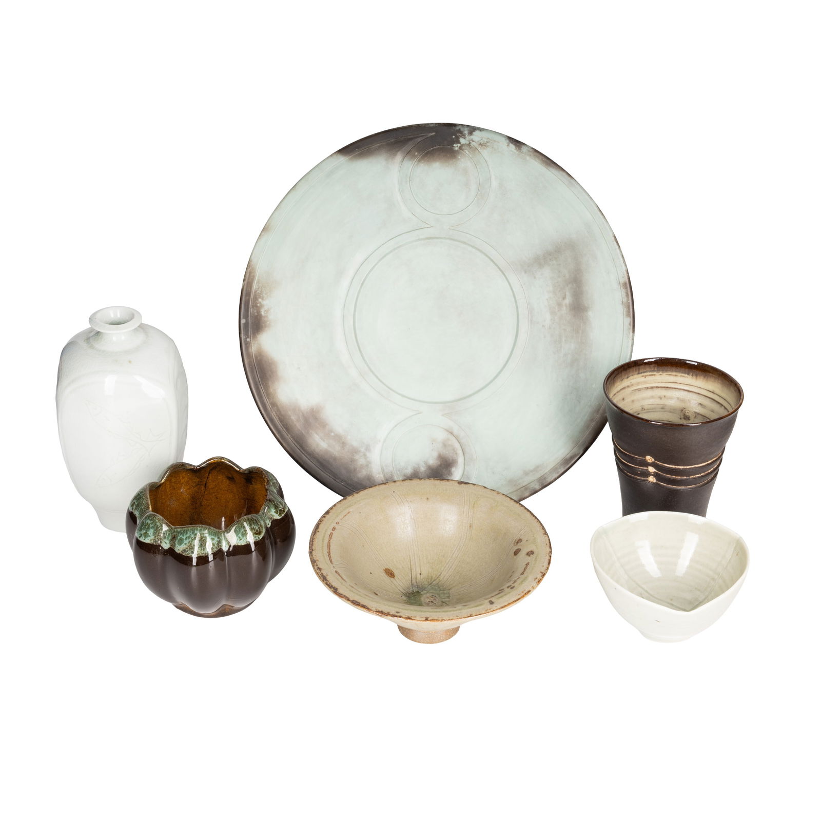 Studio pottery by various makers Antonia Salmon, Bridget Drakeford, and others: Studio pottery by various makers Antonia Salmon, Bridget Drakeford, and others An Antonia Salmon dish in burnished duck-egg blue, artists mark verso, 25cm diameter; a Bridge Drakeford celadon vase, 1