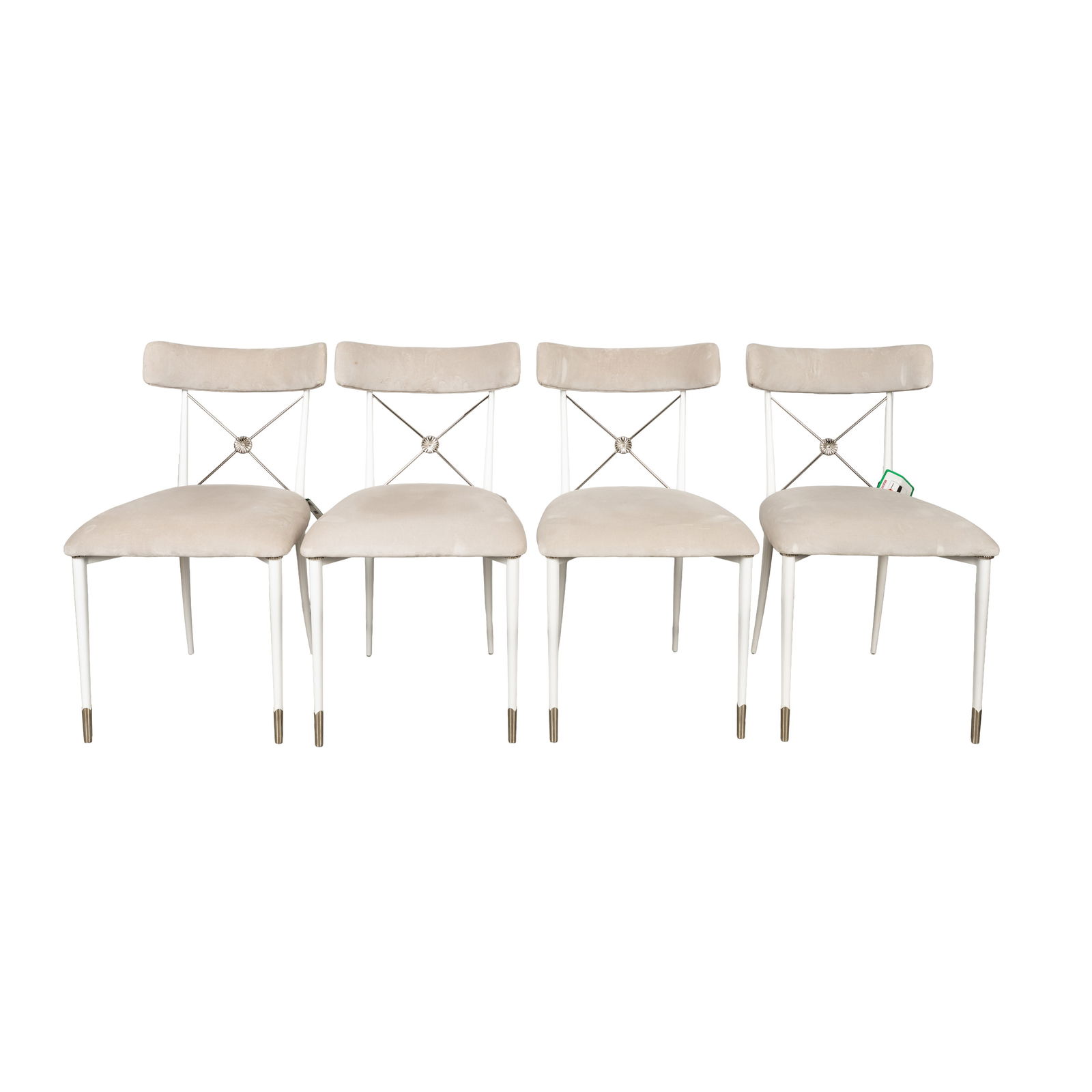 Jonathan Adler, American Set of Four 'Rider' Dining Chairs: Jonathan Adler, American Set of Four 'Rider' Dining Chairs ContemporaryGrey velvet upholstery, chromed metal, enamelled metalJonathan Adler plaque to underside79cm high x 47cm wide x 47cm deep