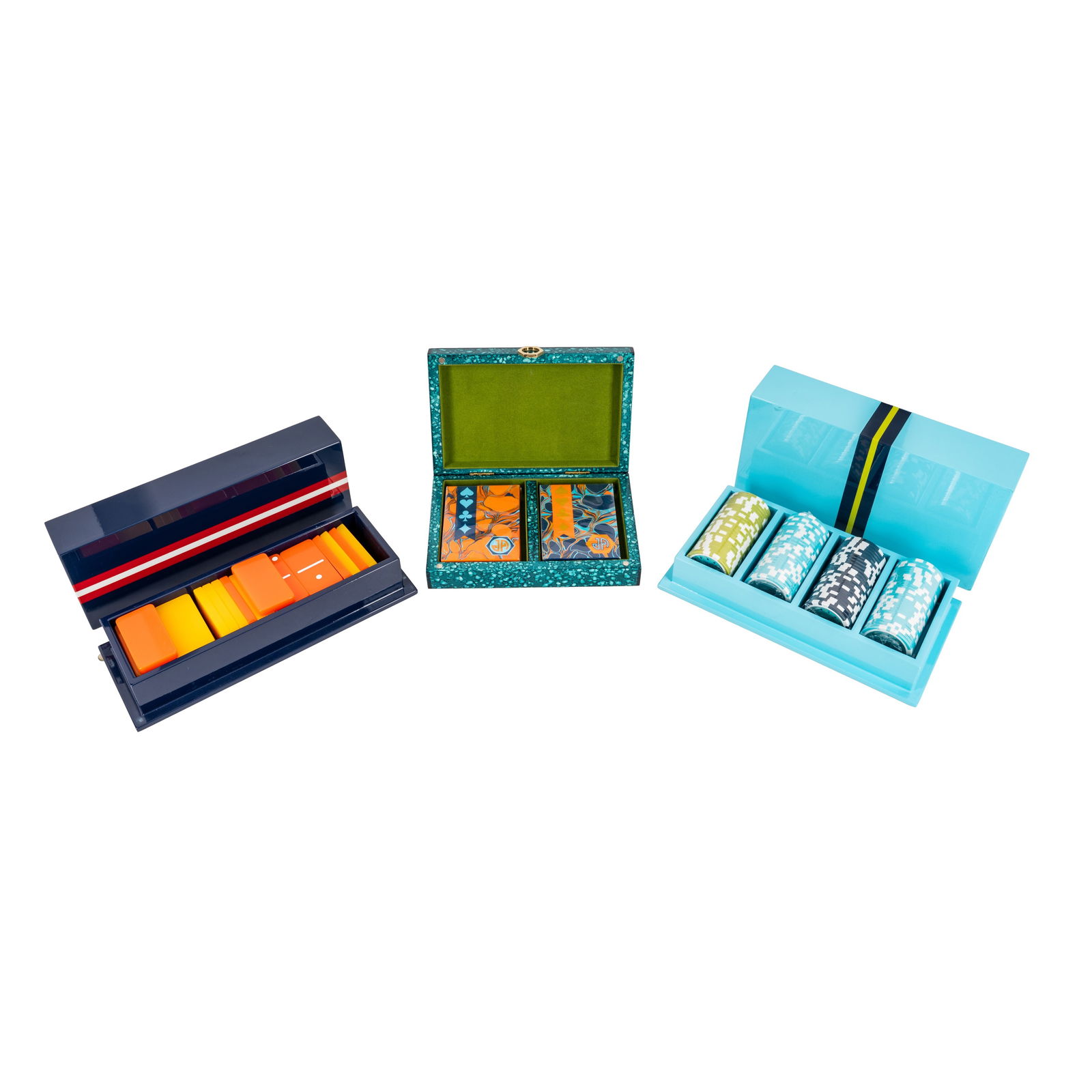 Jonathan Adler Group of Gaming Sets: Jonathan Adler Group of Gaming Sets To comprise a set of poker C=chips, set of cards, and set of dominoes Contemporary Lacquered wood, velvet lined Each with Jonathan Adler applied label to