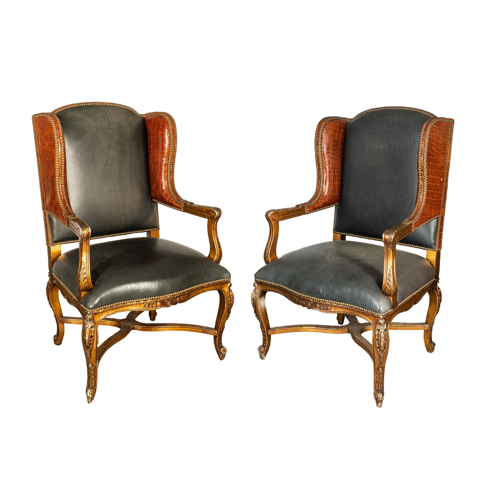 Ralph Lauren, America Pair of Armchairs: Ralph Lauren, America Pair of Armchairs Contemporary Grey leather, faux crocodile leather, painted wood A Applied Ralph Lauren plaque to underside 110cm high x 73cm wide x 53cm deep