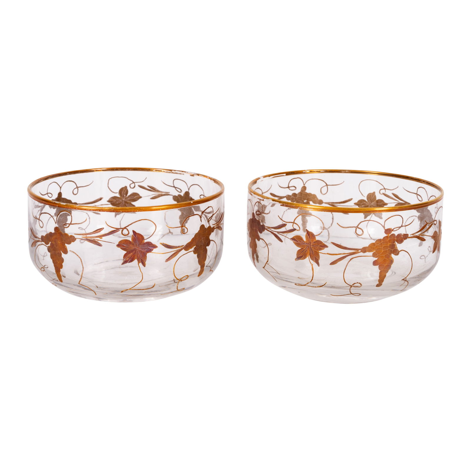 Italian Glass Two small bowls: Italian Glass Two small bowls Mid-Century Gilt rim and etched fruiting vinesEtched signature to underside 'De Wan'6cm high x 11cm diameter (2)