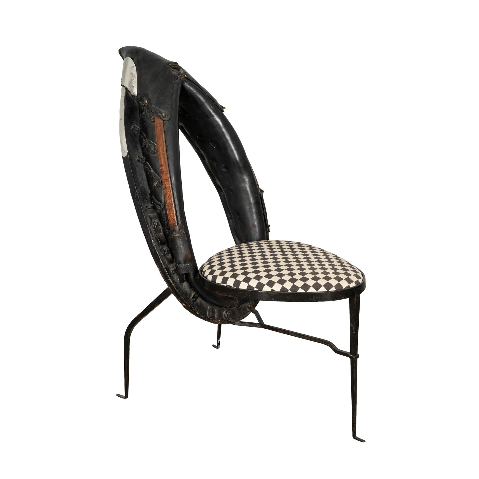Bespoke, Late 20th Century Chair: Bespoke, Late 20th Century Chair Wrought iron, leather, metal, upholstery Unmarked 98cm high x 41cm wide x 71cm deep