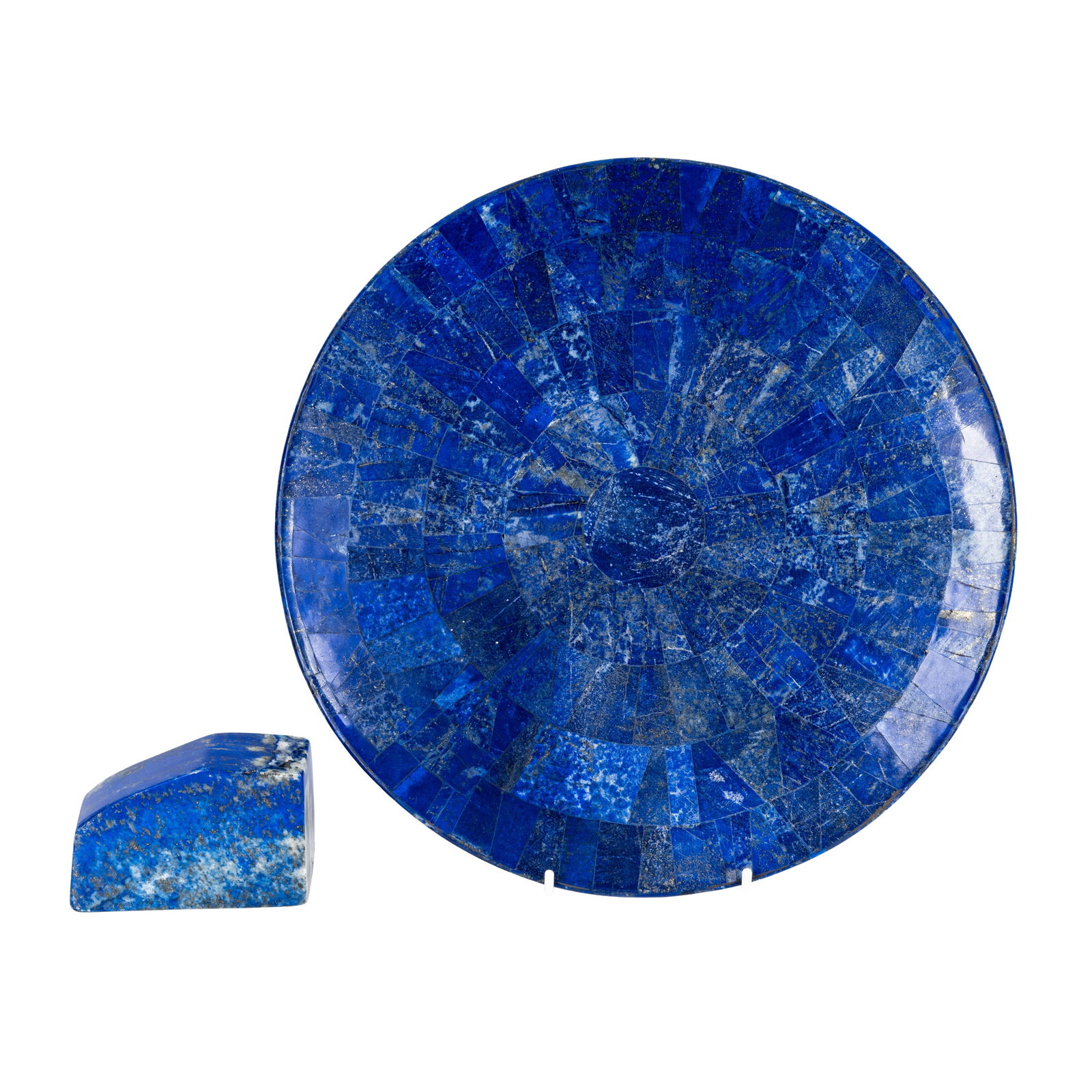 Art Deco Style A lapis lazuli plate and a paperweight: Art Deco Style A lapis lazuli plate and a paperweight Of recent manufacture Lapis Lazuli 30cm diameter 6cm high