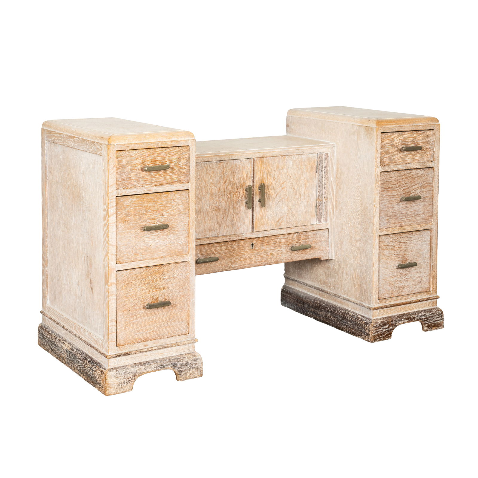 Heals, Britain Dressing table and bedside cabinet: Heals, Britain Dressing table and bedside cabinet Circa 1930s Limed oak, metalDressing table: 69cm high x 113cm wide x 47cm deepBedside cabinet: 69cm high x 38cm wide x 36cm deep