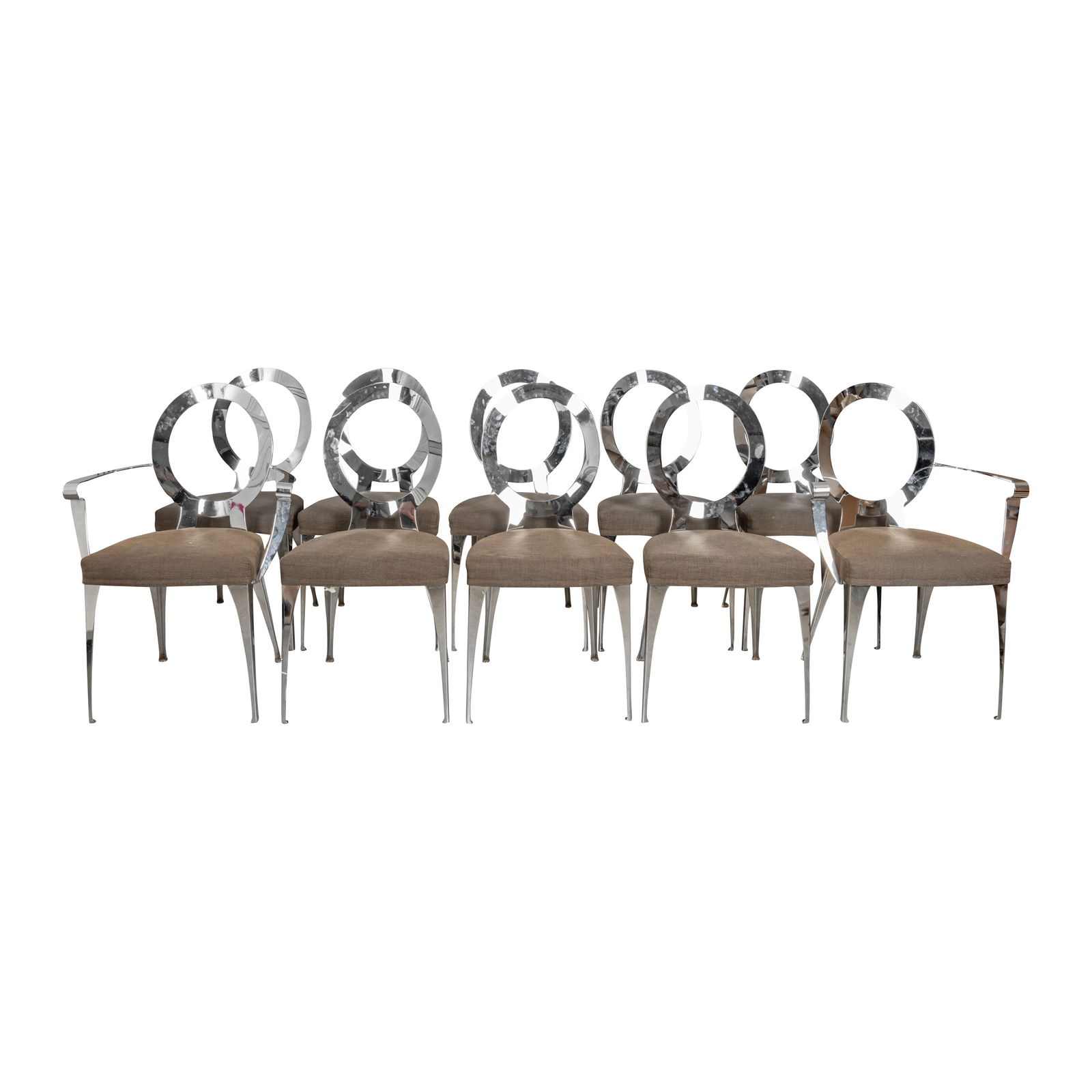 Cantori, Italy 'Malaga' Dining Table and a set of ten 'Miss' chairs: Cantori, Italy 'Malaga' Dining Table and a set of ten 'Miss' chairs 21st CenturyChrome, uphostery, glassTable 71.5cm high x 160cm long x 90cm wideChairs 89cm high x 45cm wide x 55cm deep