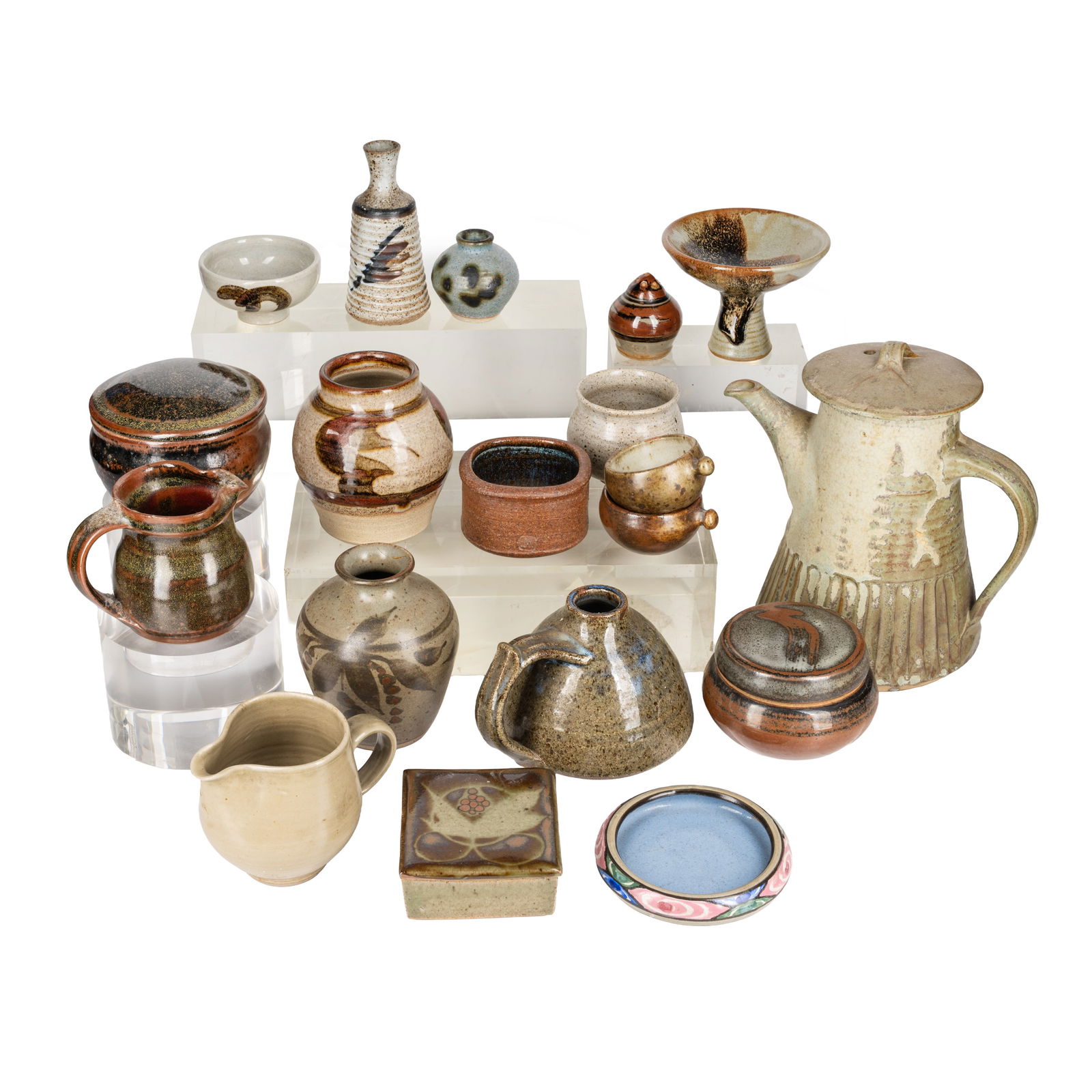 Studio pottery by various makers Donald Glanville, Elaine Hewitt, Crowan Pottery, and others: Studio pottery by various makers Donald Glanville, Elaine Hewitt, Crowan Pottery, and others Various glazed earthenware and stonewareCoffee pot: 20cm high, Elaine Hewitt ribbed miniature vase: 11cm,