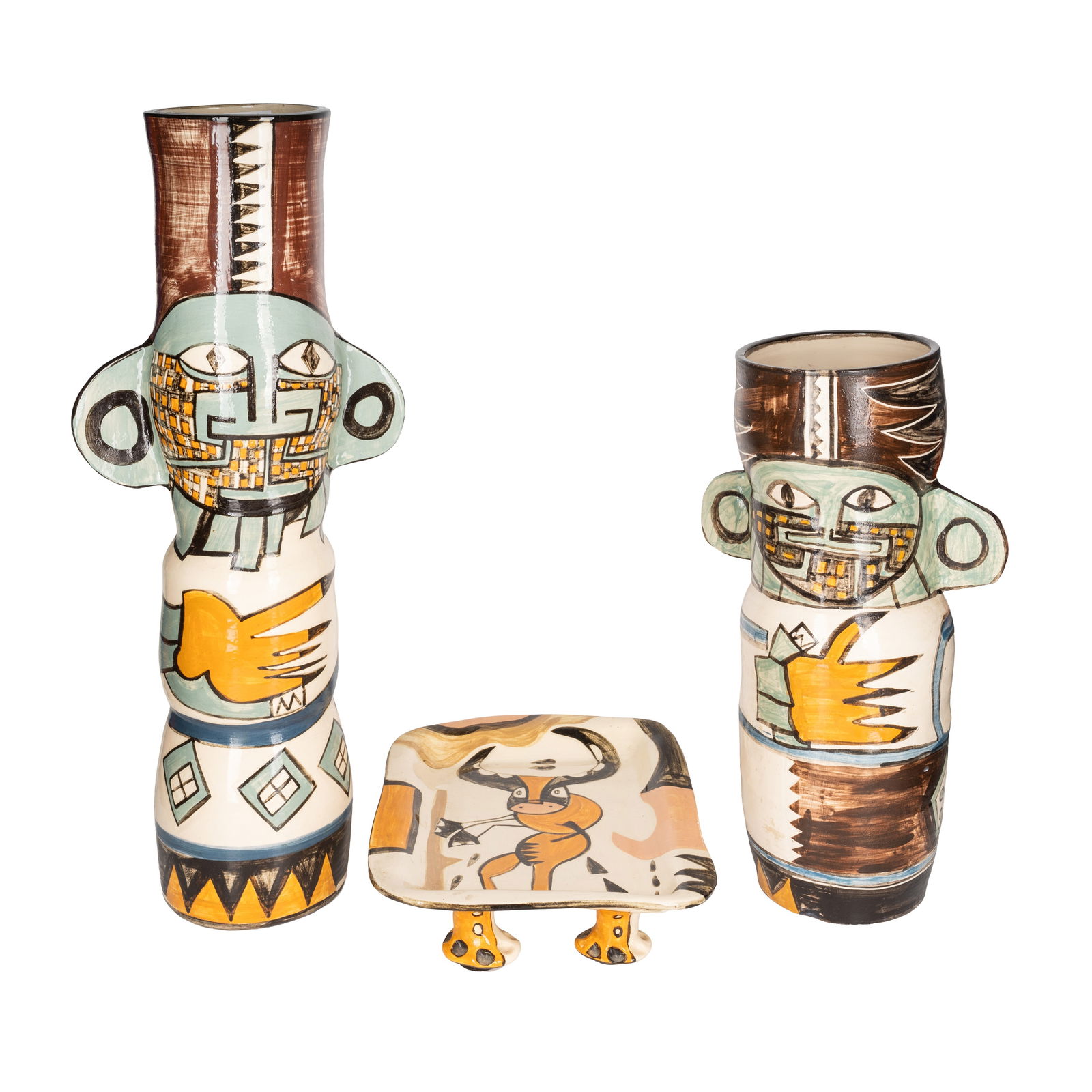 Sarah J Crouch aka Poppxi (British, b.1960) Two Studio Pottery twin handled vessels and square dish: Sarah J Crouch aka Poppxi (British, b.1960) Two Studio Pottery twin handled vessels and square dish Circa 2000sPainted and glazed earthenwareDish signed 'Poppxi' to undersideTallest vase 56cm high (3