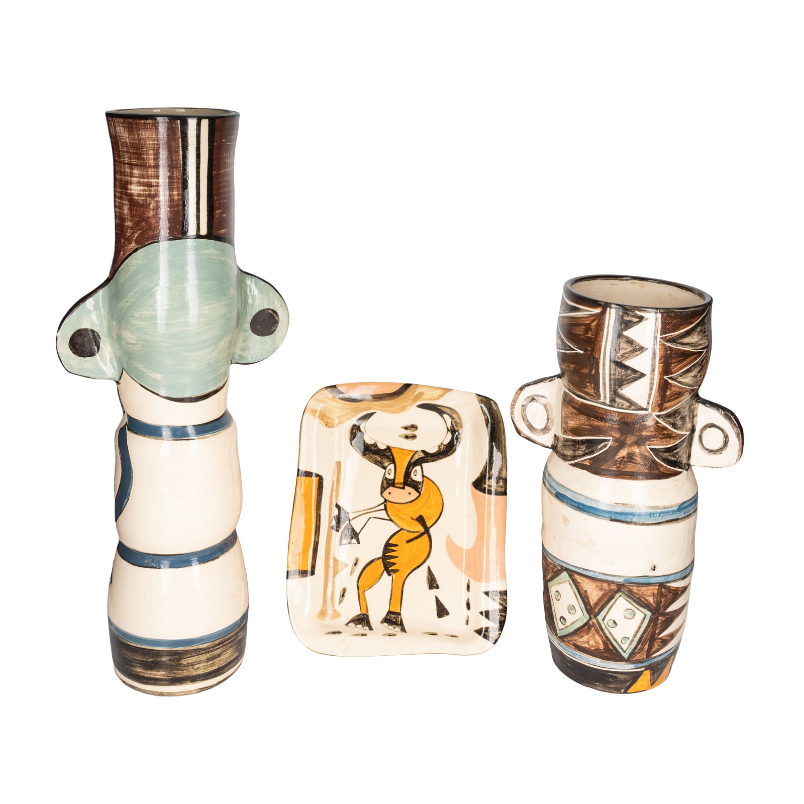 Sarah J Crouch aka Poppxi (British, b.1960) Two Studio Pottery twin handled vessels and square dish - 2