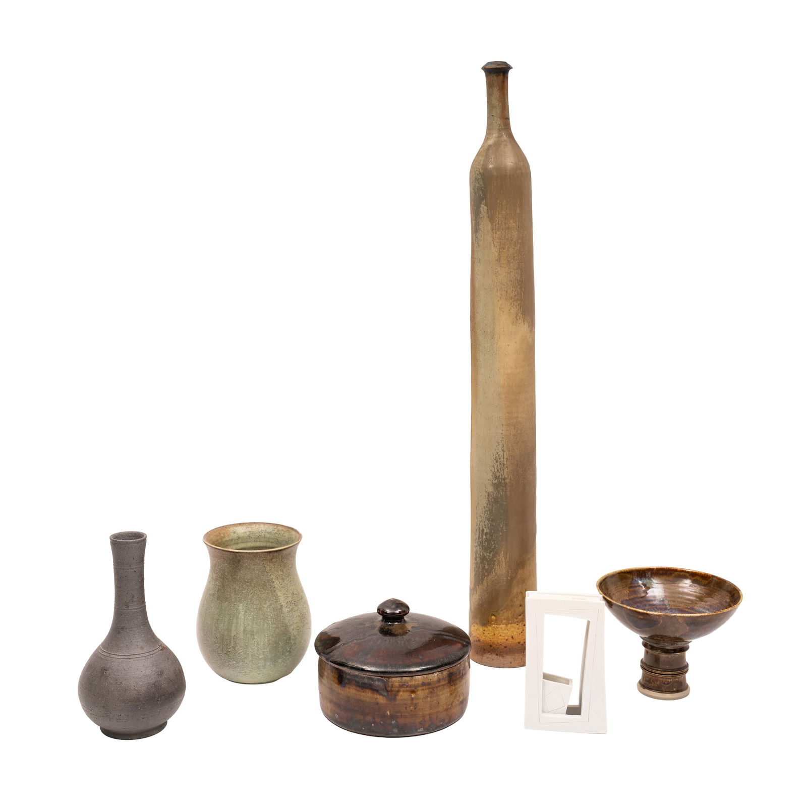 Studio Pottery by Various Makers Gordon Cooke, Yelland, and others: Studio Pottery by Various Makers Gordon Cooke, Yelland, and others Gordon Cooke porcelain vase, 12cm high, Yelland Pottery pot with cover, 14cm diameter, Japanese or Chinese vase, very tall vase with