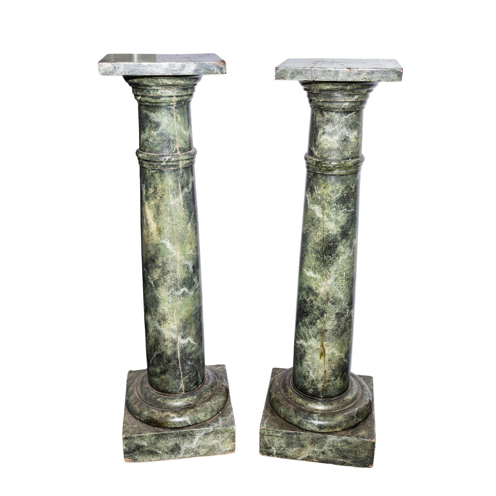 Late 20th Century, Italian Pair of faux marble pedestals: Late 20th Century, Italian Pair of faux marble pedestals Wood, applied marble-patterned paper decorationUnmarked 116cm high x 35cm wide x 35cm deep