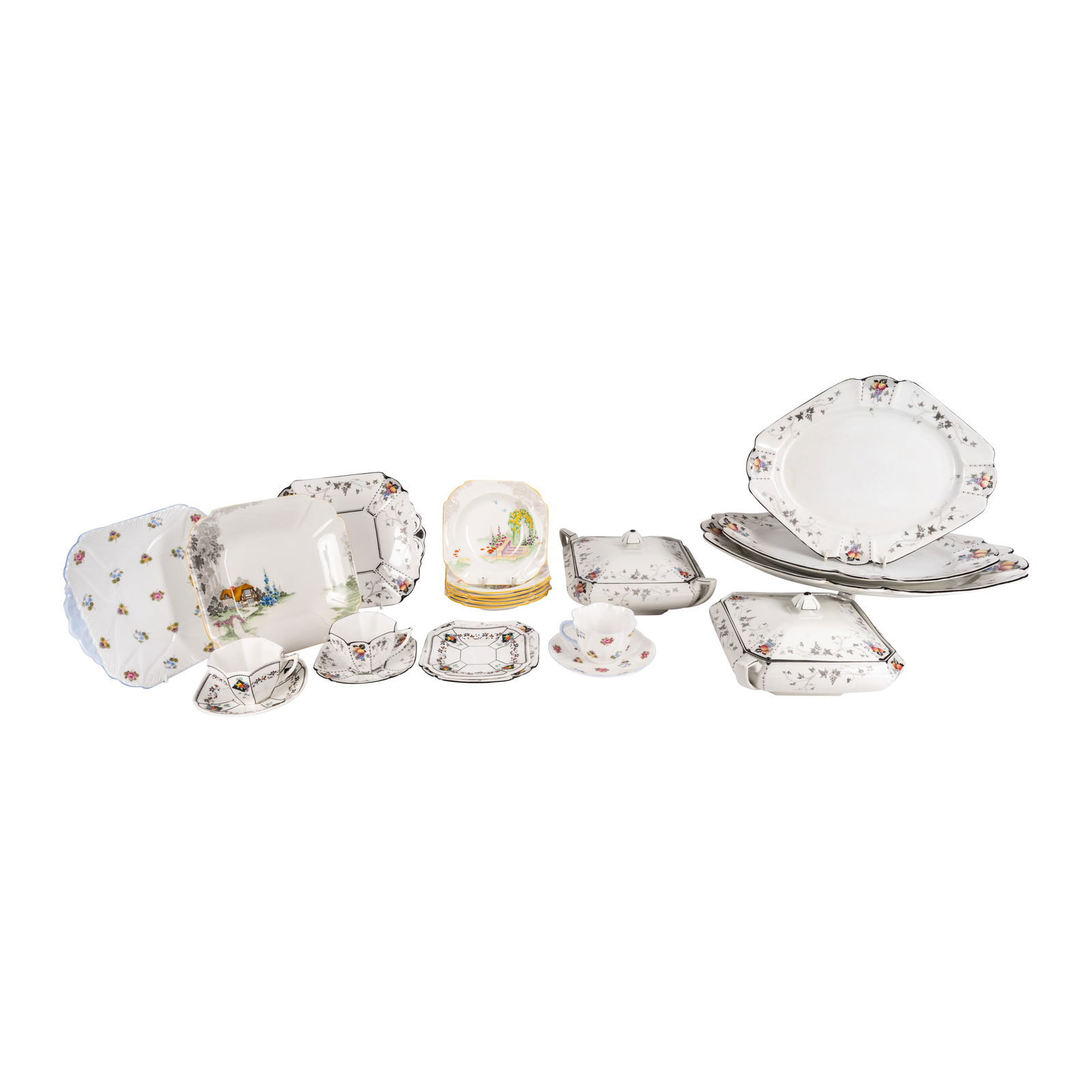 Shelley, Britain Various part dinner service items: Shelley, Britain Various part dinner service items Including tureens, cups and saucers, graduated serving platters and plates in pattern number 723404 and Rose Pansy Forget-me-not 13424Printed marks