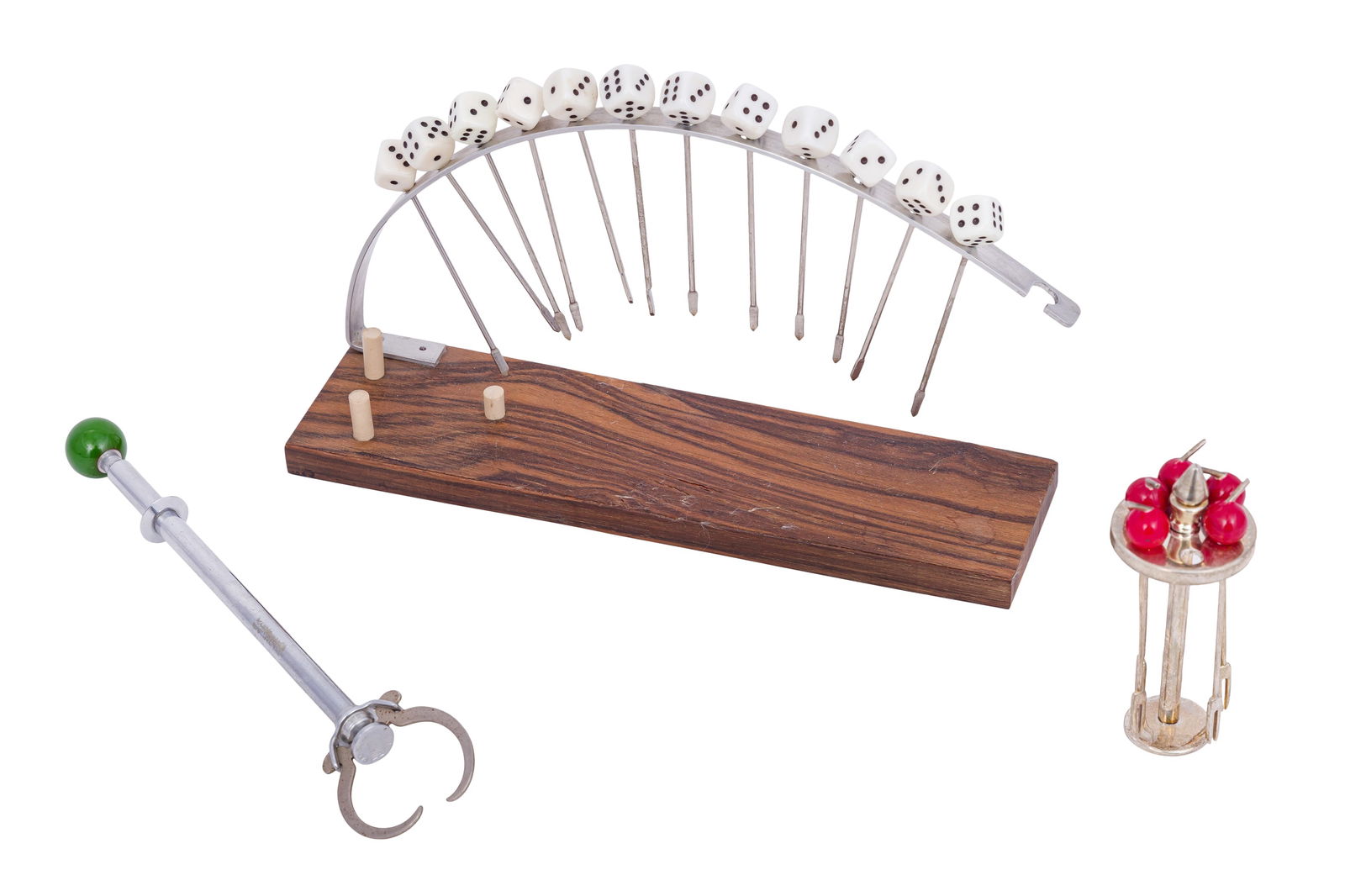 Mid-Century, America Group of Cocktail Bar Accessories: Mid-Century, America Group of Cocktail Bar Accessories To include a 'Utilitong' ice cube server, a set of cocktail sticks with red finials, and a set of cocktail sticks with bakelite dice finials, on