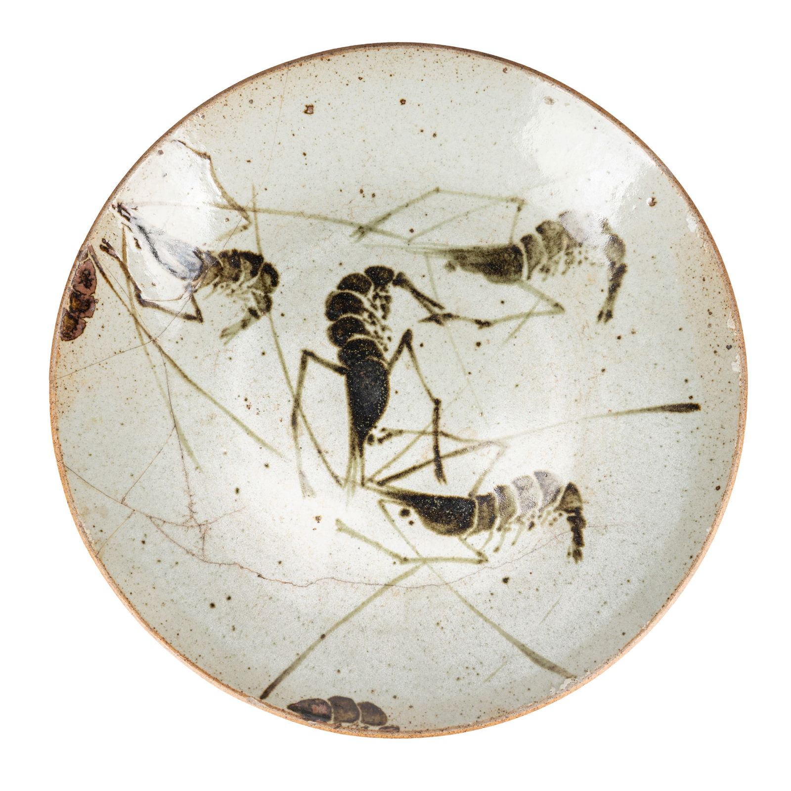 Poh Chap Yeap (Chinese-British 1927-2007) Studio pottery charger decorated with shrimp: Poh Chap Yeap (Chinese-British 1927-2007) Studio pottery charger decorated with shrimp Glazed stonewarePainted signature to underside39.3cm diameter