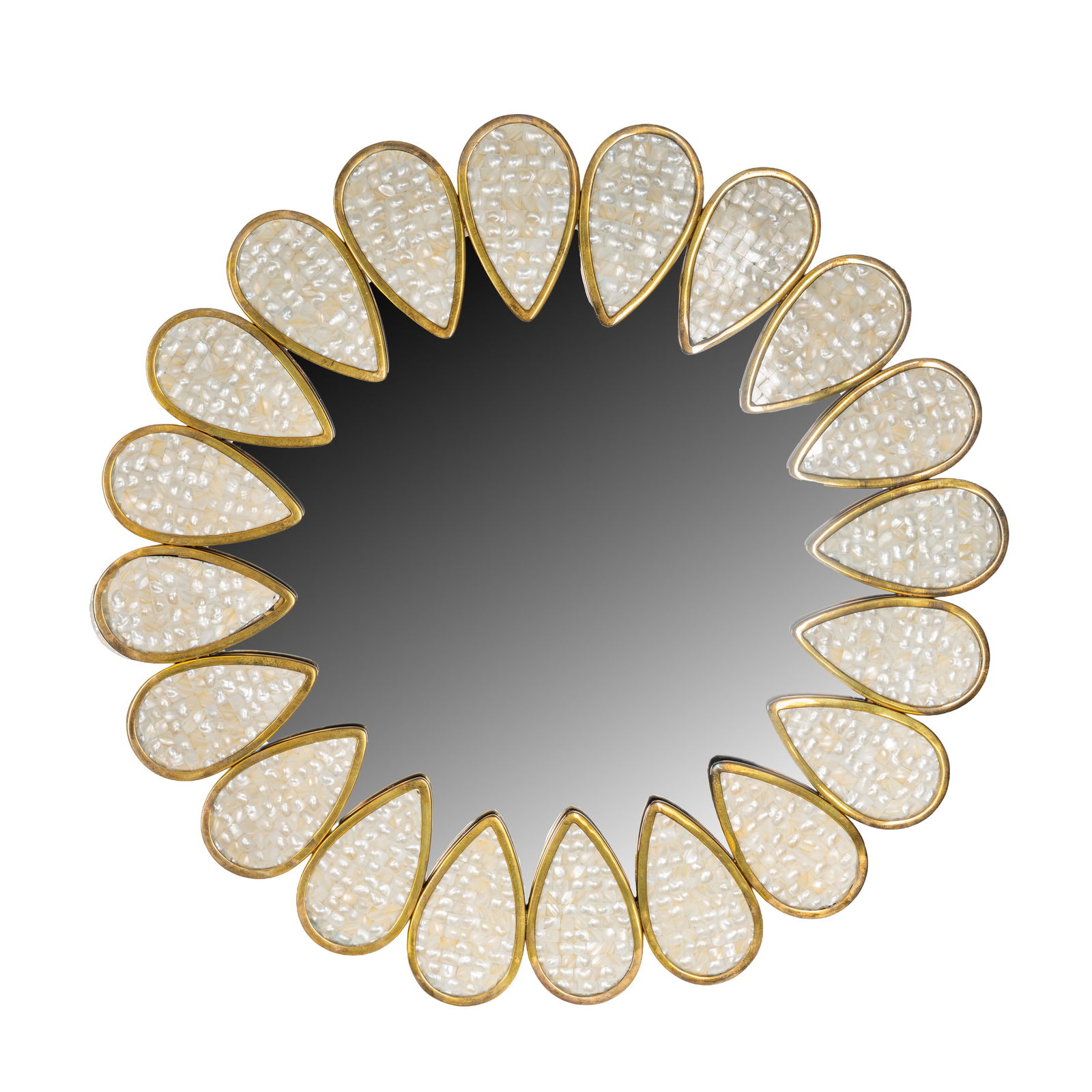 Jonathan Adler, American 'Petal Grey' Mirror: Jonathan Adler, American 'Petal Grey' Mirror Contemporary Mother of Peal, polished brass, mirror plate Marked Jonathan Adler to reverse 83cm diameter
