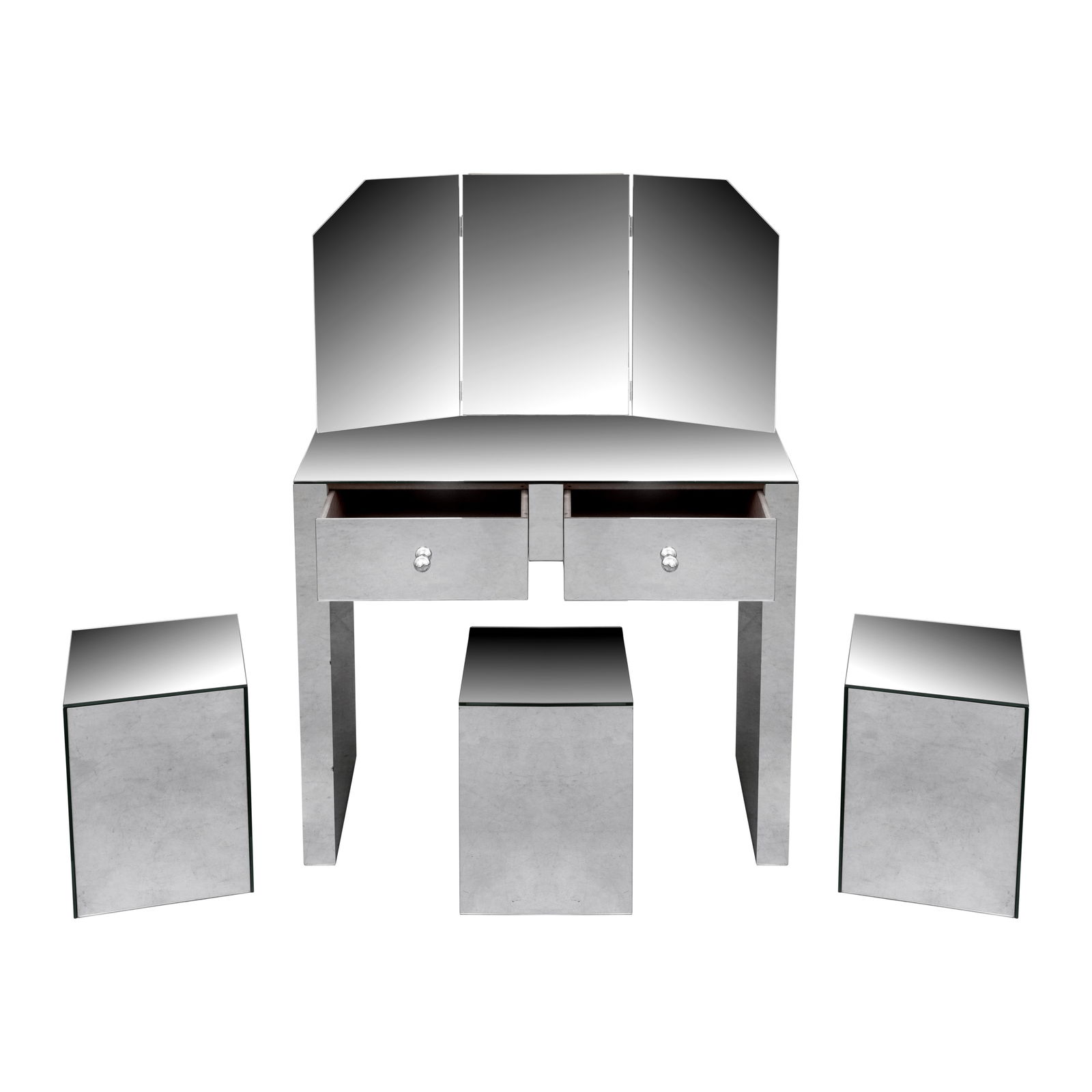 Bespoke, Paris Mirrored dressing table with mirror and three mirrored ottomans: Bespoke, Paris Mirrored dressing table with mirror and three mirrored ottomans Circa 1980s Mirrored glass, plywood Unmarked dressing table 127cm high x 91cm wide x 40cm deep Stools 41cm high x 31cm