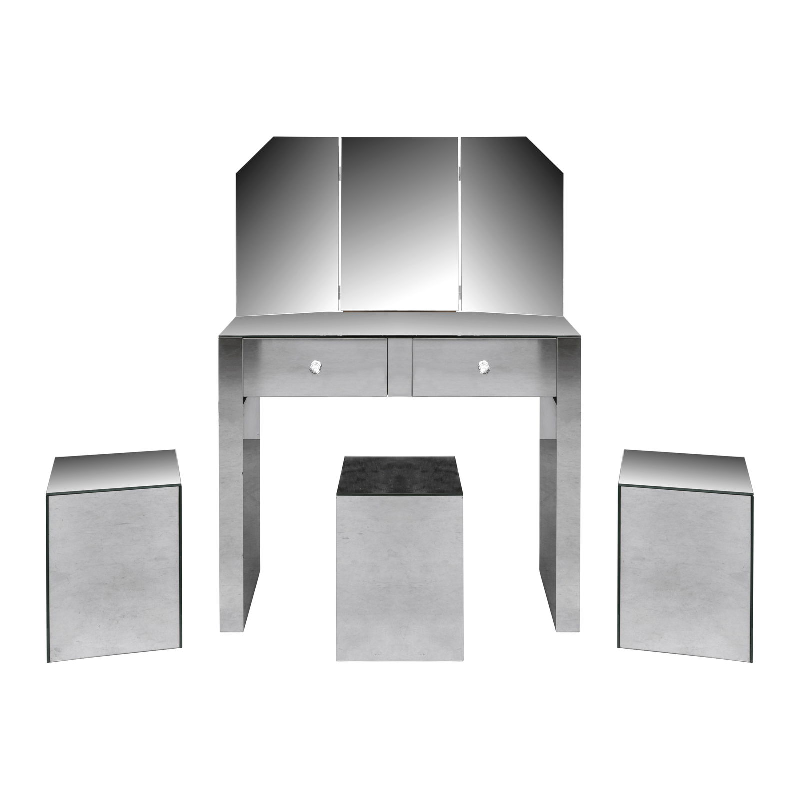 Bespoke, Paris Mirrored dressing table with mirror and three mirrored ottomans - 2