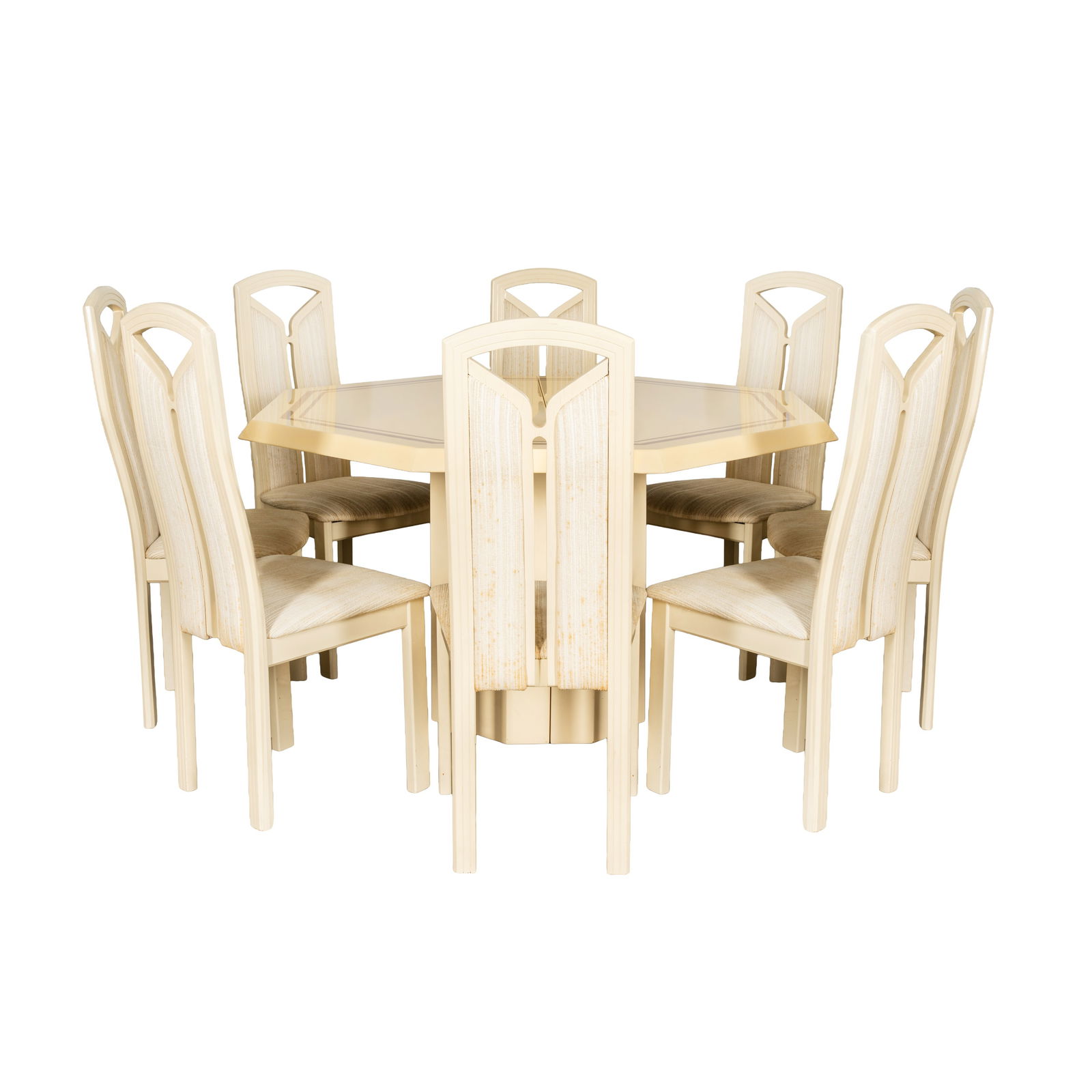 Roche Bobois, France Dining suite: Roche Bobois, France Dining suite To comprise a dining table and 8 dining chairsCirca 1980sLacquered wood, [painted wood, upholstery'Mobiler Fabrique en France' applied label to undersideTable: 78cm