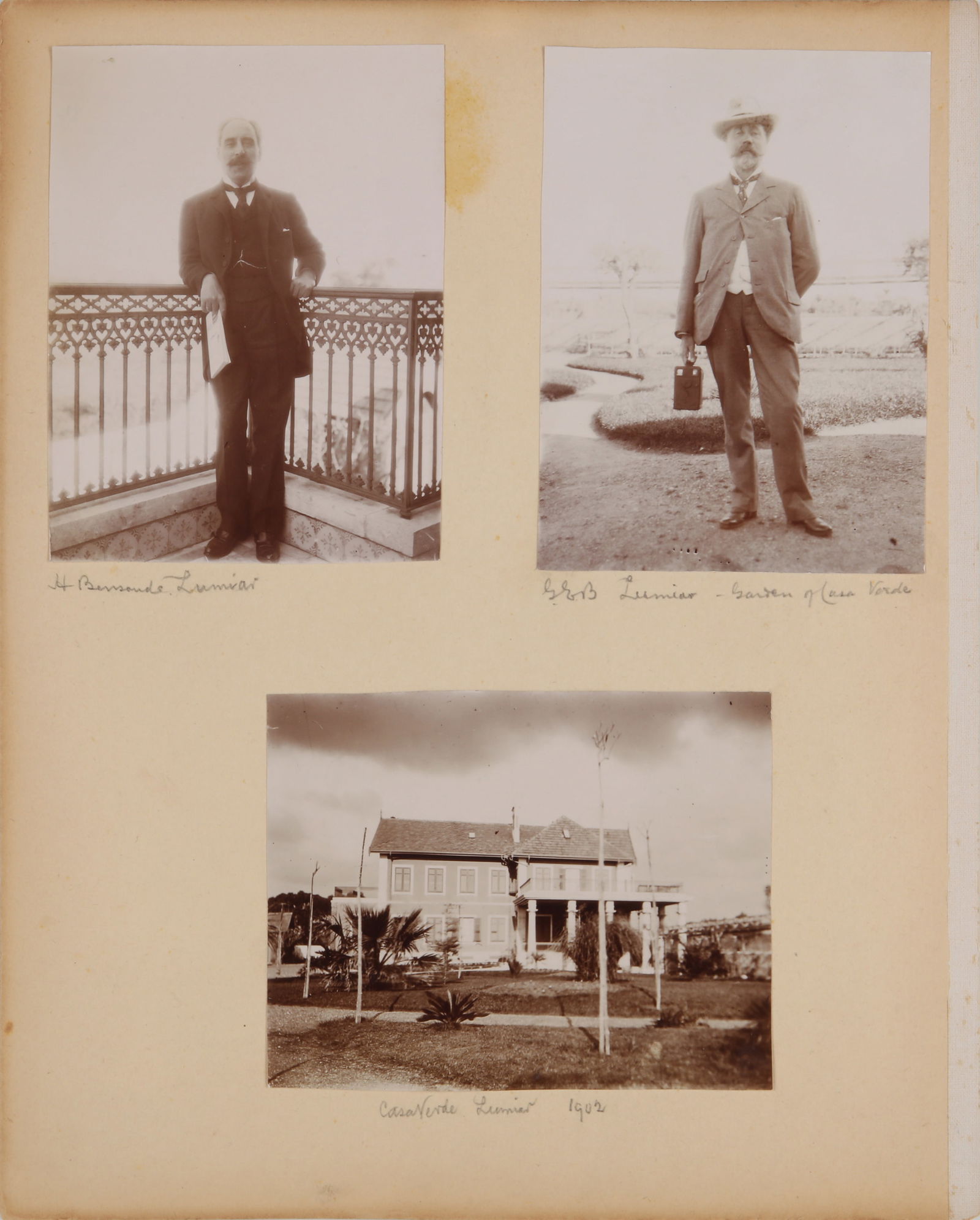 "Men with Cameras" A pair of album pages, c.1902: "Men with Cameras" A pair of album pages, c.1902 Two album pages, one overall measuring 28.5 x 22cm featuring seven early silver prints from Casa Verde, Lumiar, one with a man holding a box camera